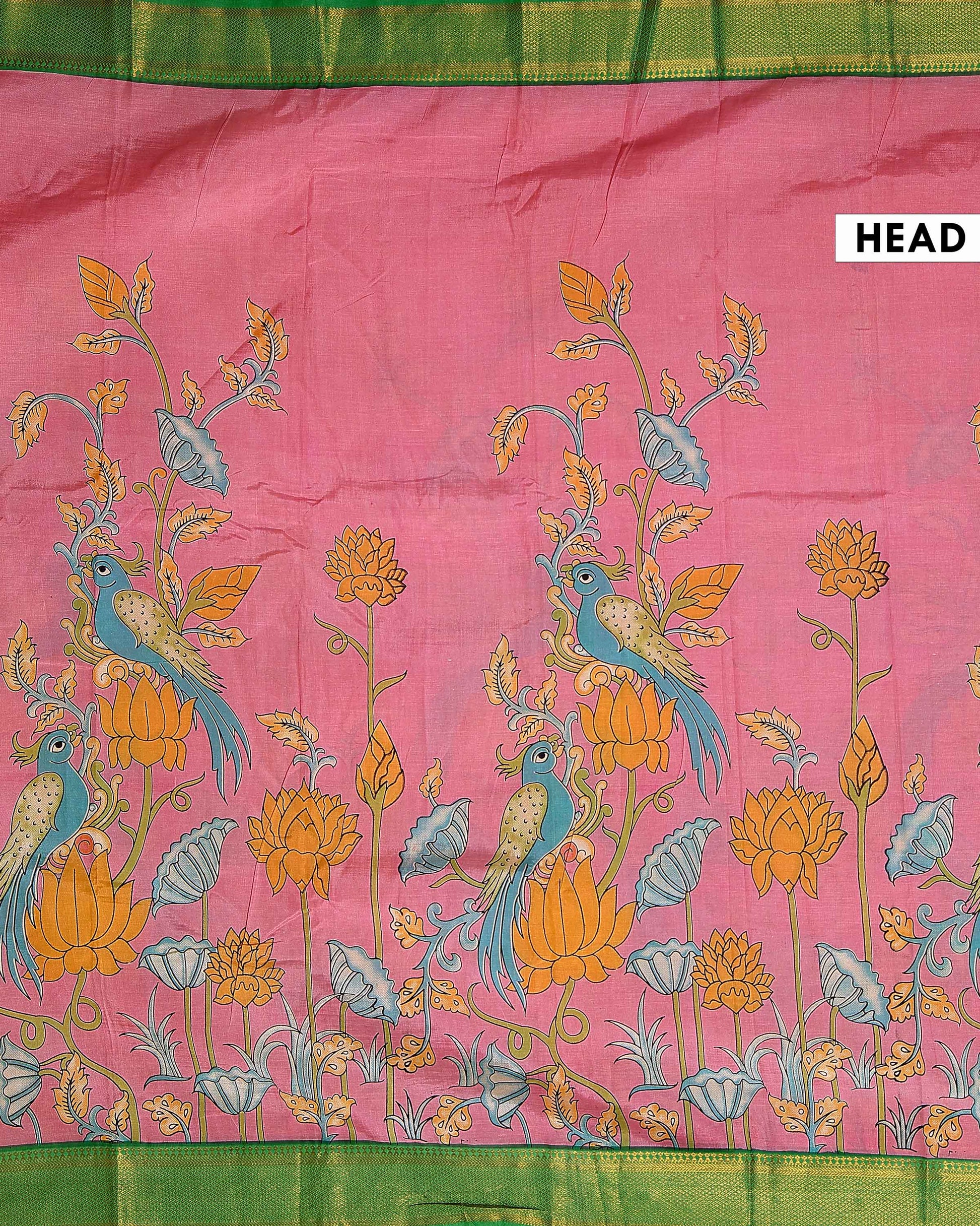 Traditional Mangalagiri Semi Chanderi Saree with Hand Painted Kalamkari Lotus Motif - Pink