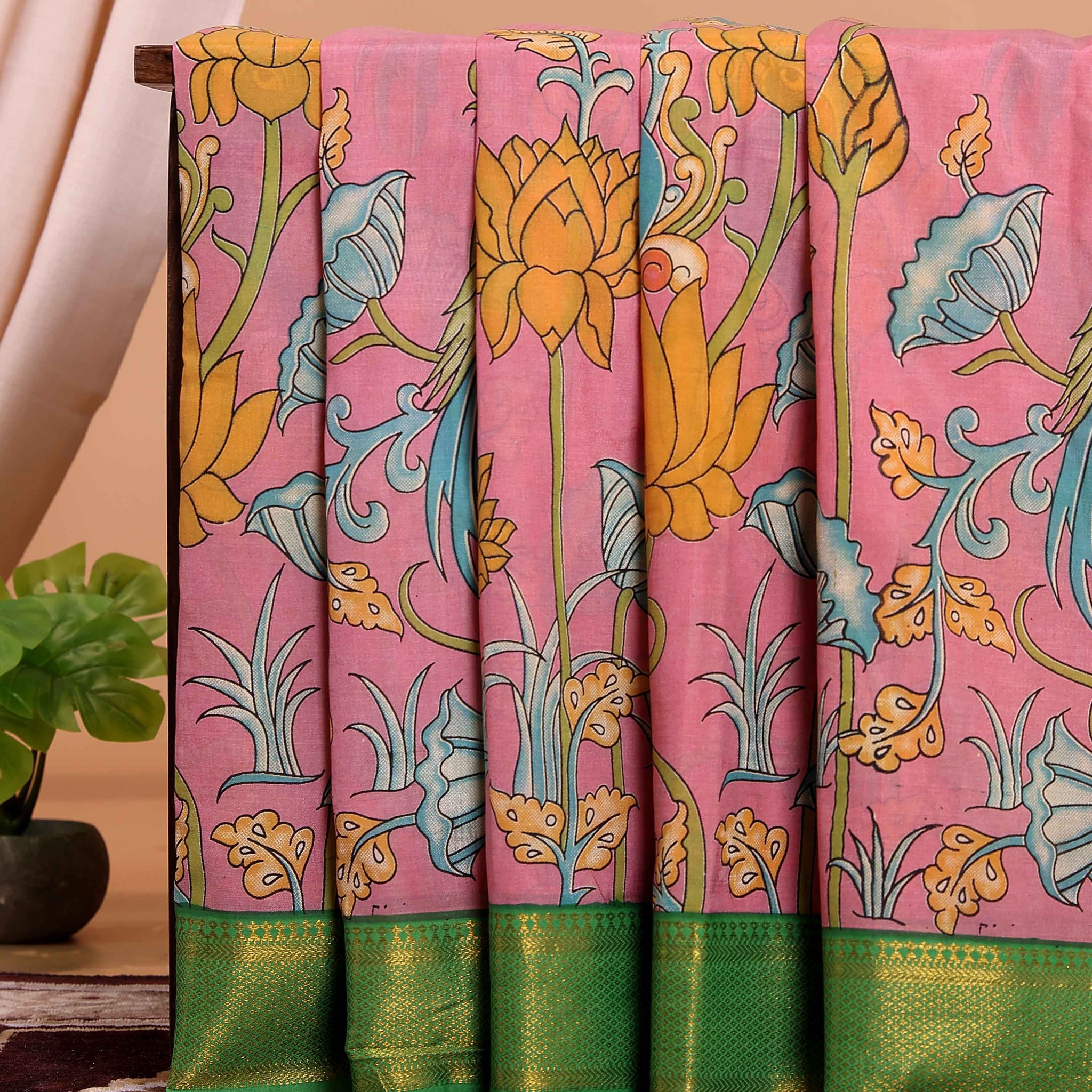 Traditional Mangalagiri Semi Chanderi Saree with Hand Painted Kalamkari Lotus Motif - Pink