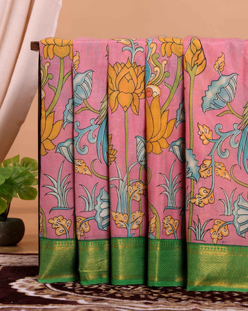 Traditional Mangalagiri Semi Chanderi Saree with Hand Painted Kalamkari Lotus Motif - Pink