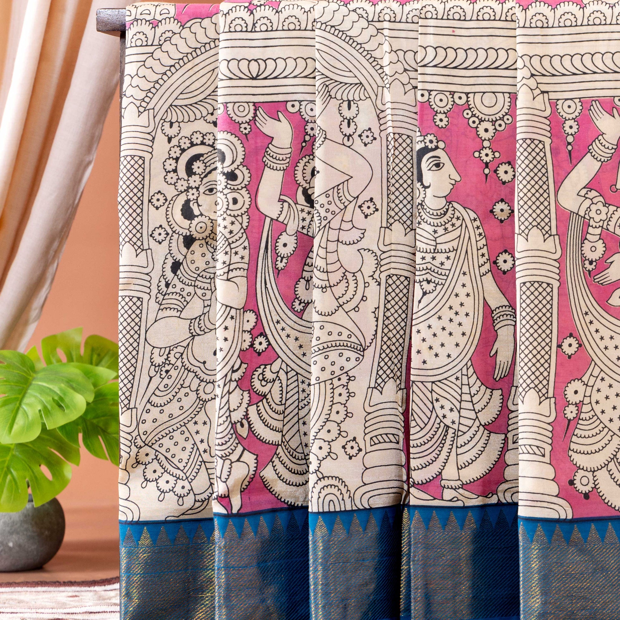 Traditional Mangalagiri Semi Chanderi Saree with Hand Printed Motifs and Temple Border- Pink