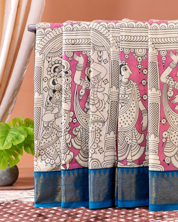 Traditional Mangalagiri Semi Chanderi Saree with Hand Printed Motifs and Temple Border- Pink