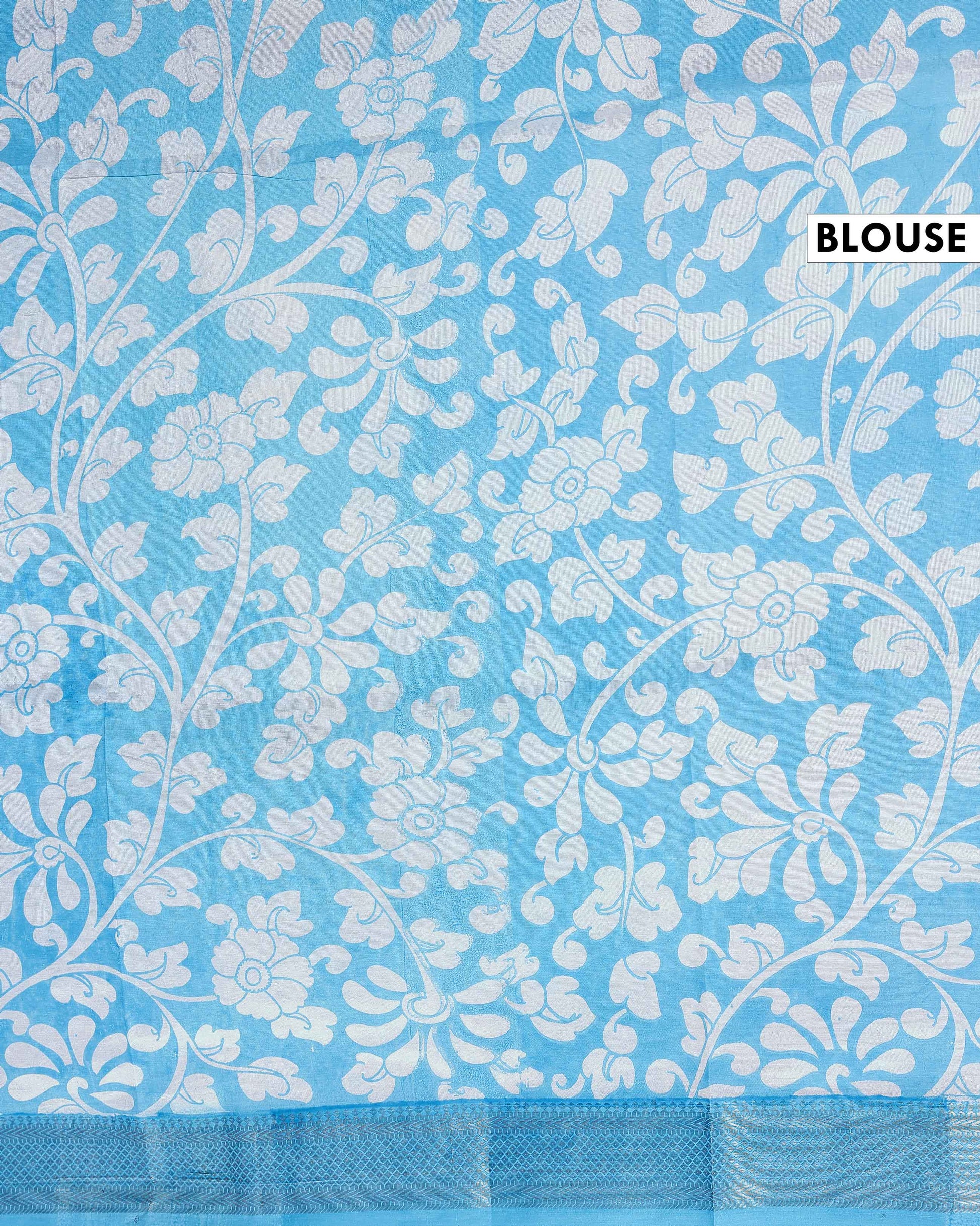 Traditional Mangalagiri Semi Chanderi Saree with Kalamkari-Inspired Floral Motifs and a Contrast Zari Border  - White