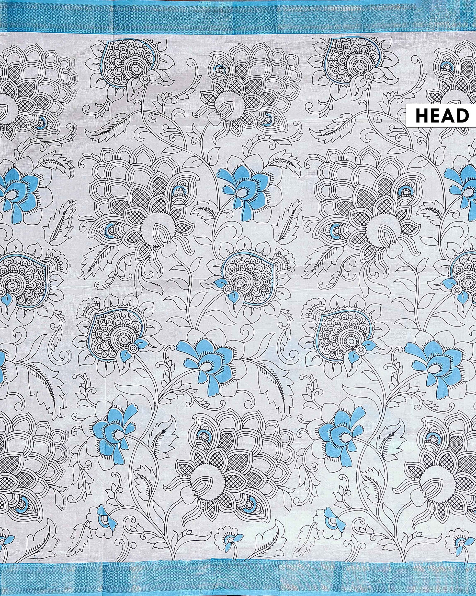 Traditional Mangalagiri Semi Chanderi Saree with Kalamkari-Inspired Floral Motifs and a Contrast Zari Border  - White