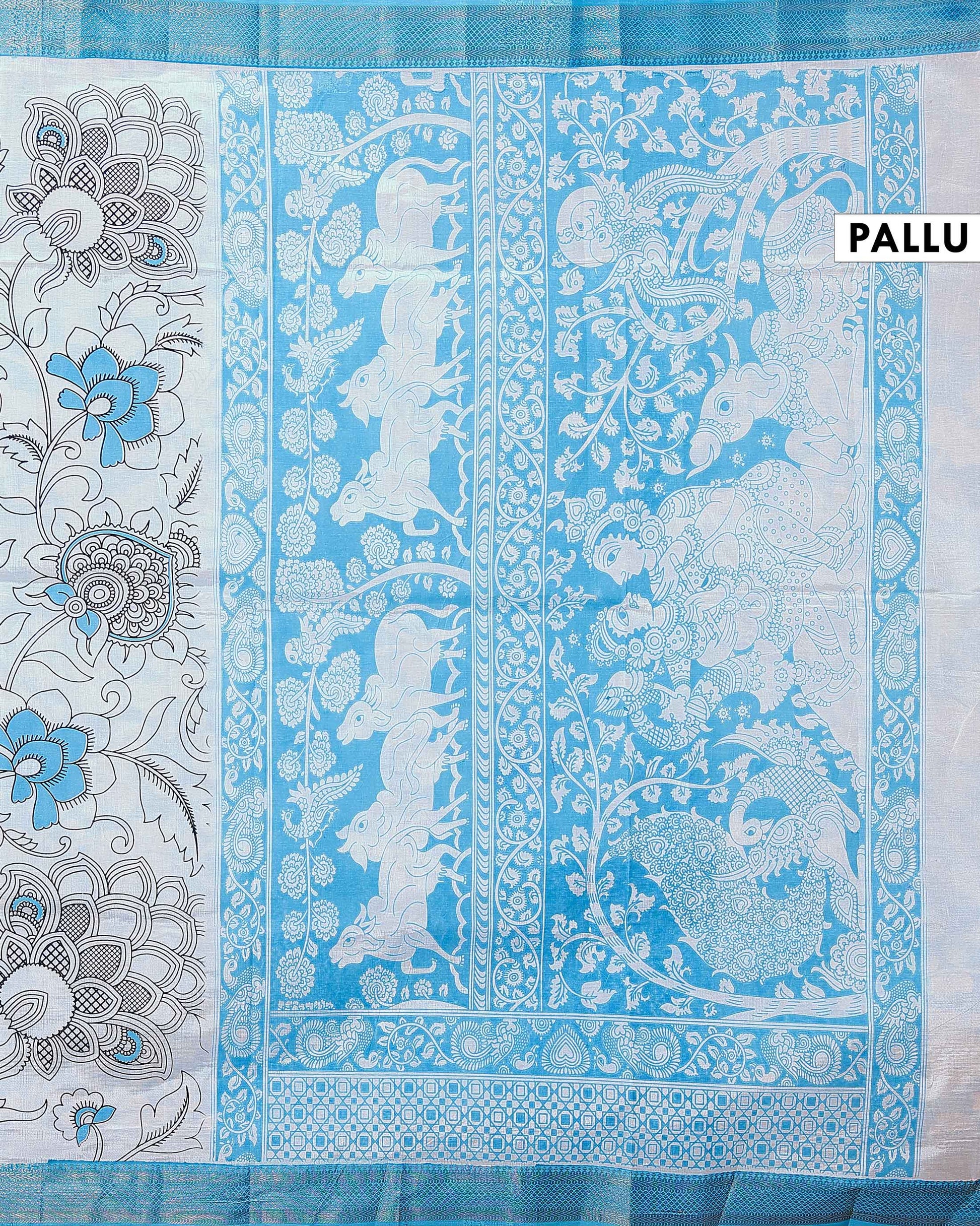 Traditional Mangalagiri Semi Chanderi Saree with Kalamkari-Inspired Floral Motifs and a Contrast Zari Border  - White