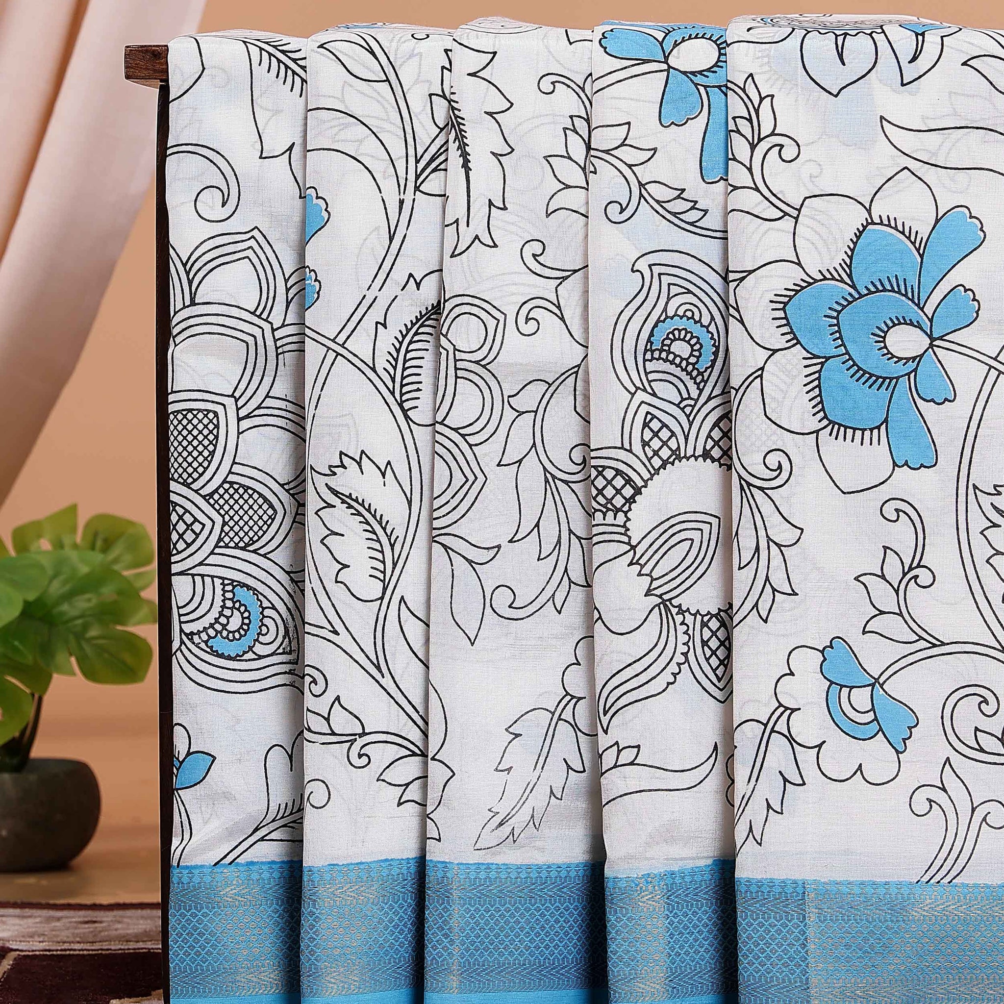 Traditional Mangalagiri Semi Chanderi Saree with Kalamkari-Inspired Floral Motifs and a Contrast Zari Border  - White