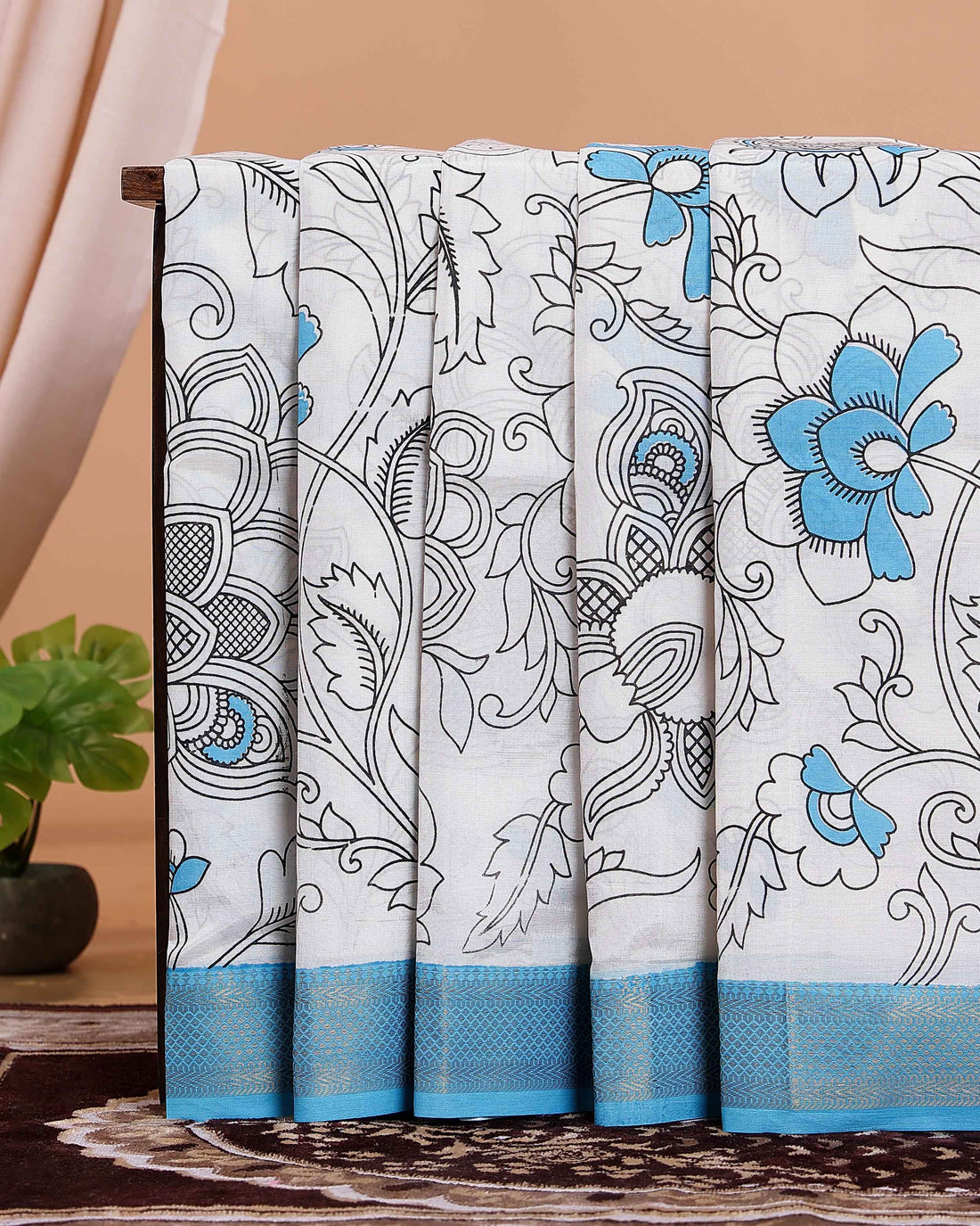 Traditional Mangalagiri Semi Chanderi Saree with Kalamkari-Inspired Floral Motifs and a Contrast Zari Border  - White