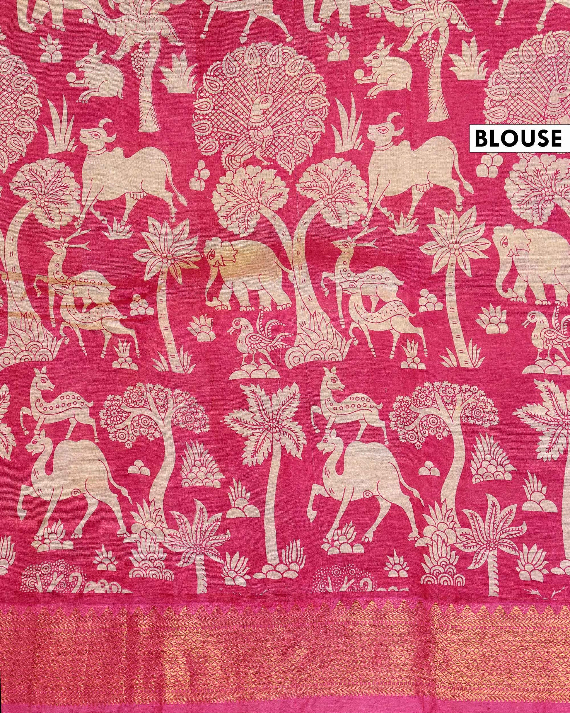 Traditional Mangalagiri Semi Chanderi Saree with Kalamkari-inspired Lotus Motifs - Green