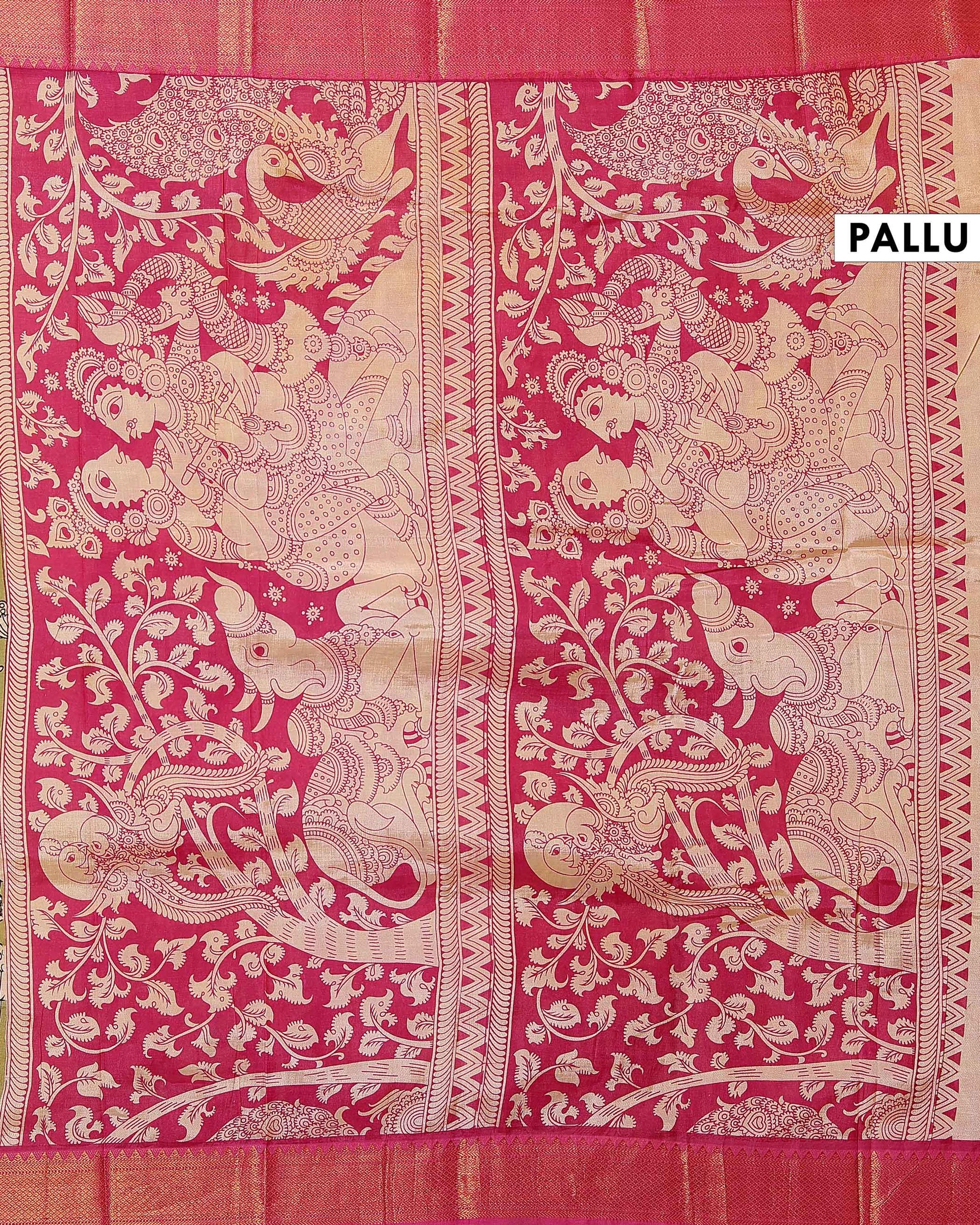 Traditional Mangalagiri Semi Chanderi Saree with Kalamkari-inspired Lotus Motifs - Green