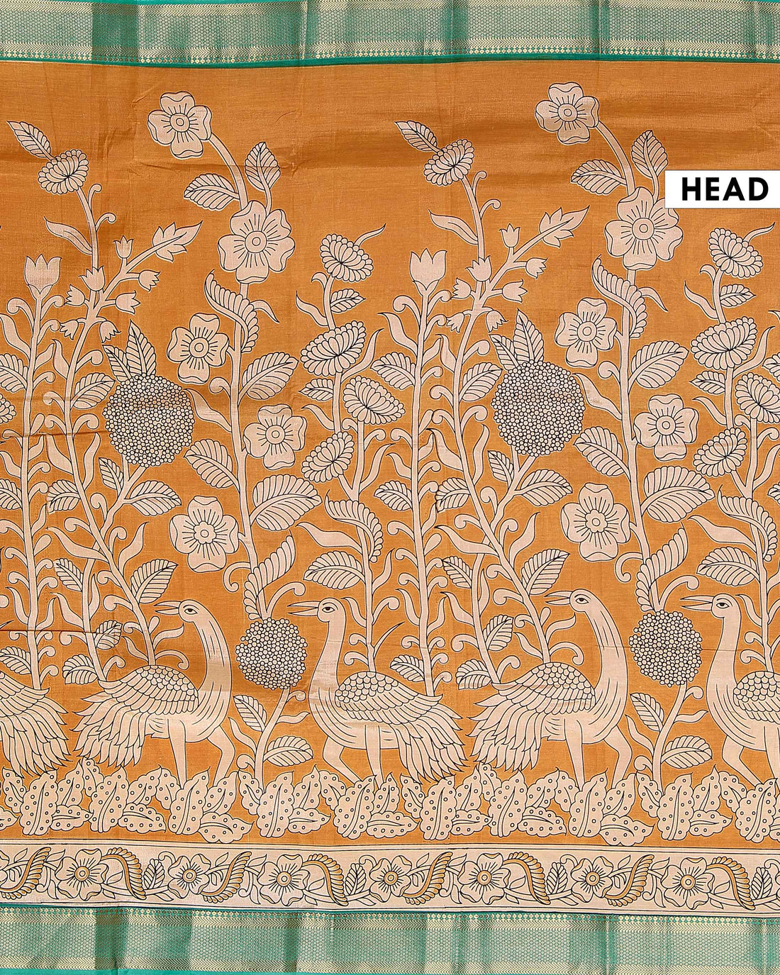 Traditional Mangalagiri Semi Chanderi Saree with Kalamkari Inspired Peacock and Floral Print - Mustard