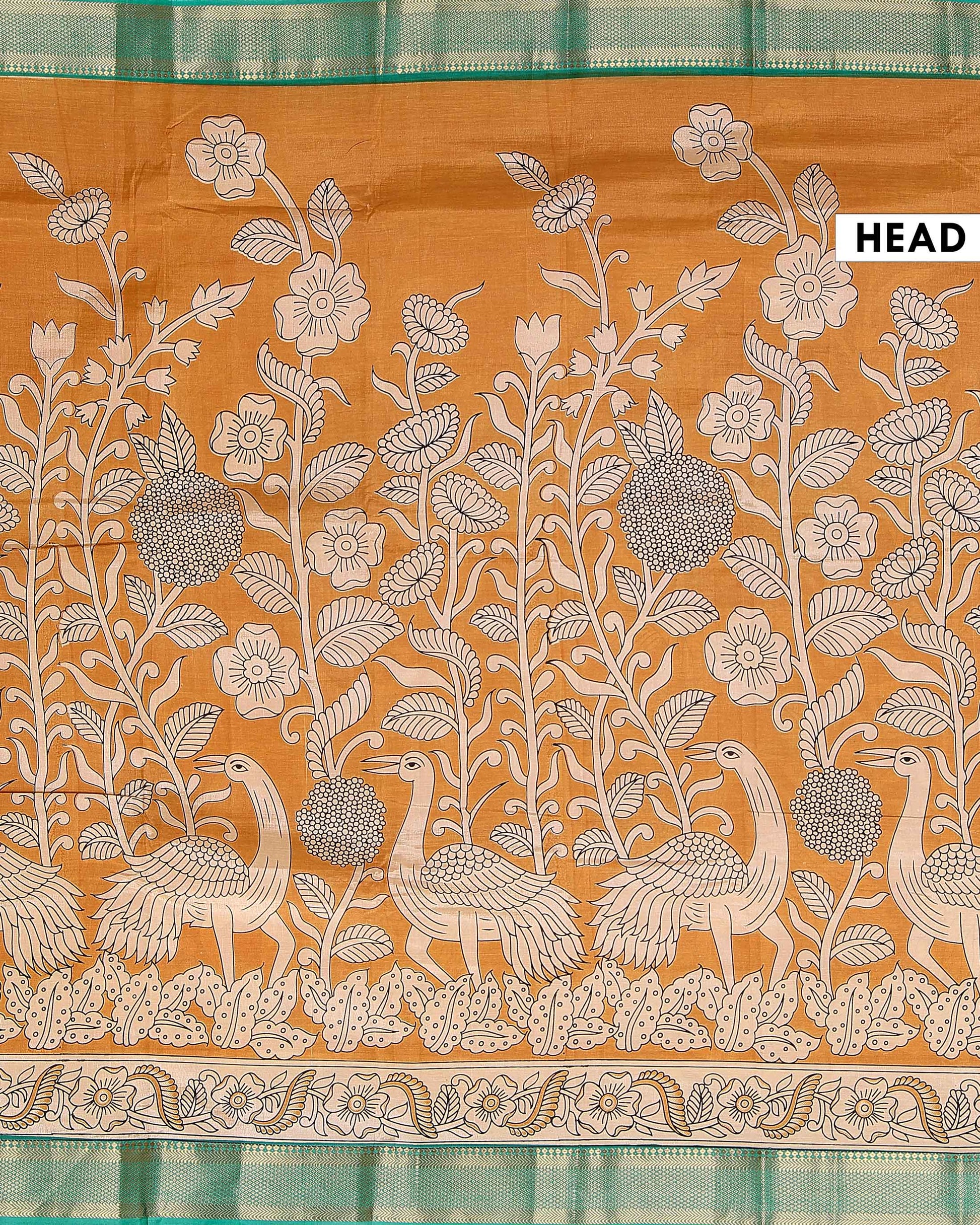 Traditional Mangalagiri Semi Chanderi Saree with Kalamkari Inspired Peacock and Floral Print - Mustard