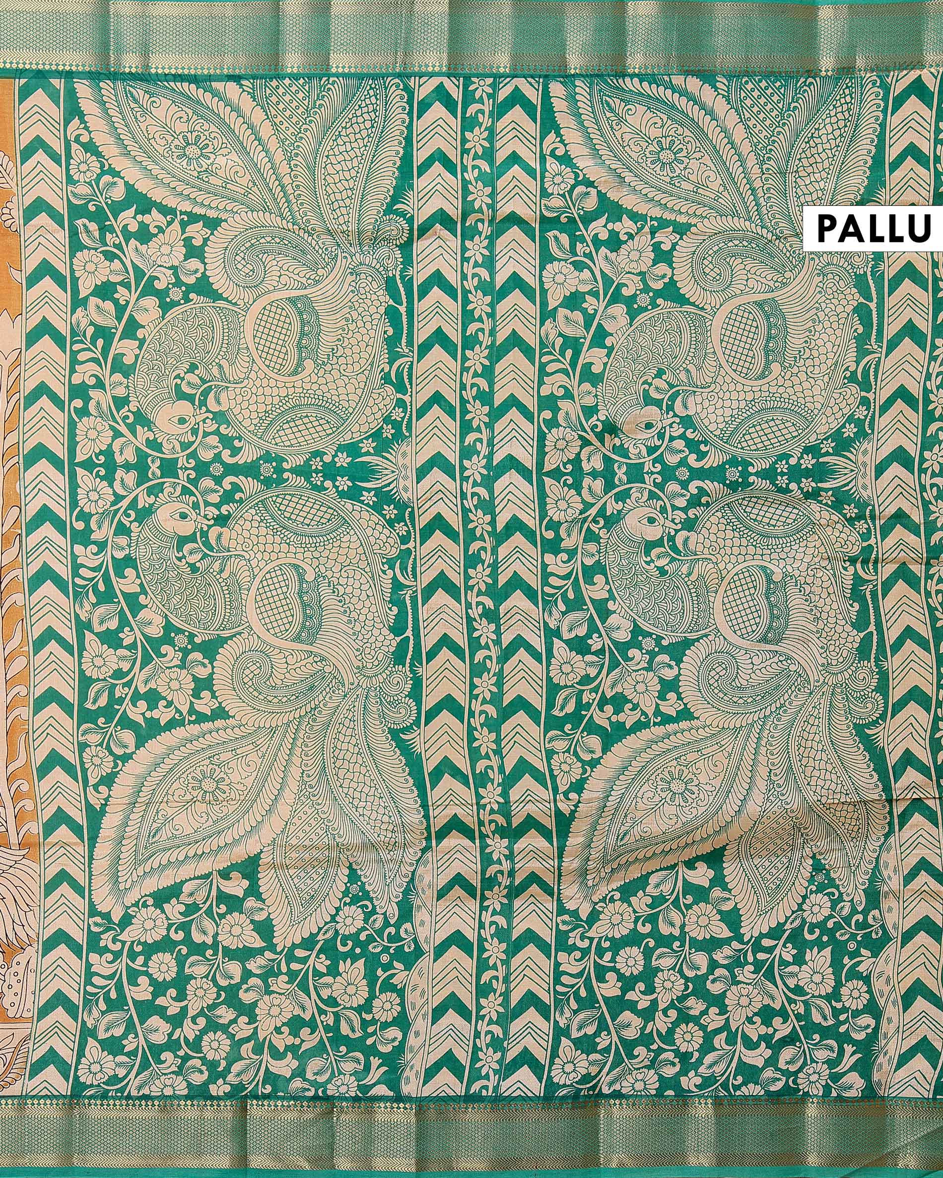 Traditional Mangalagiri Semi Chanderi Saree with Kalamkari Inspired Peacock and Floral Print - Mustard