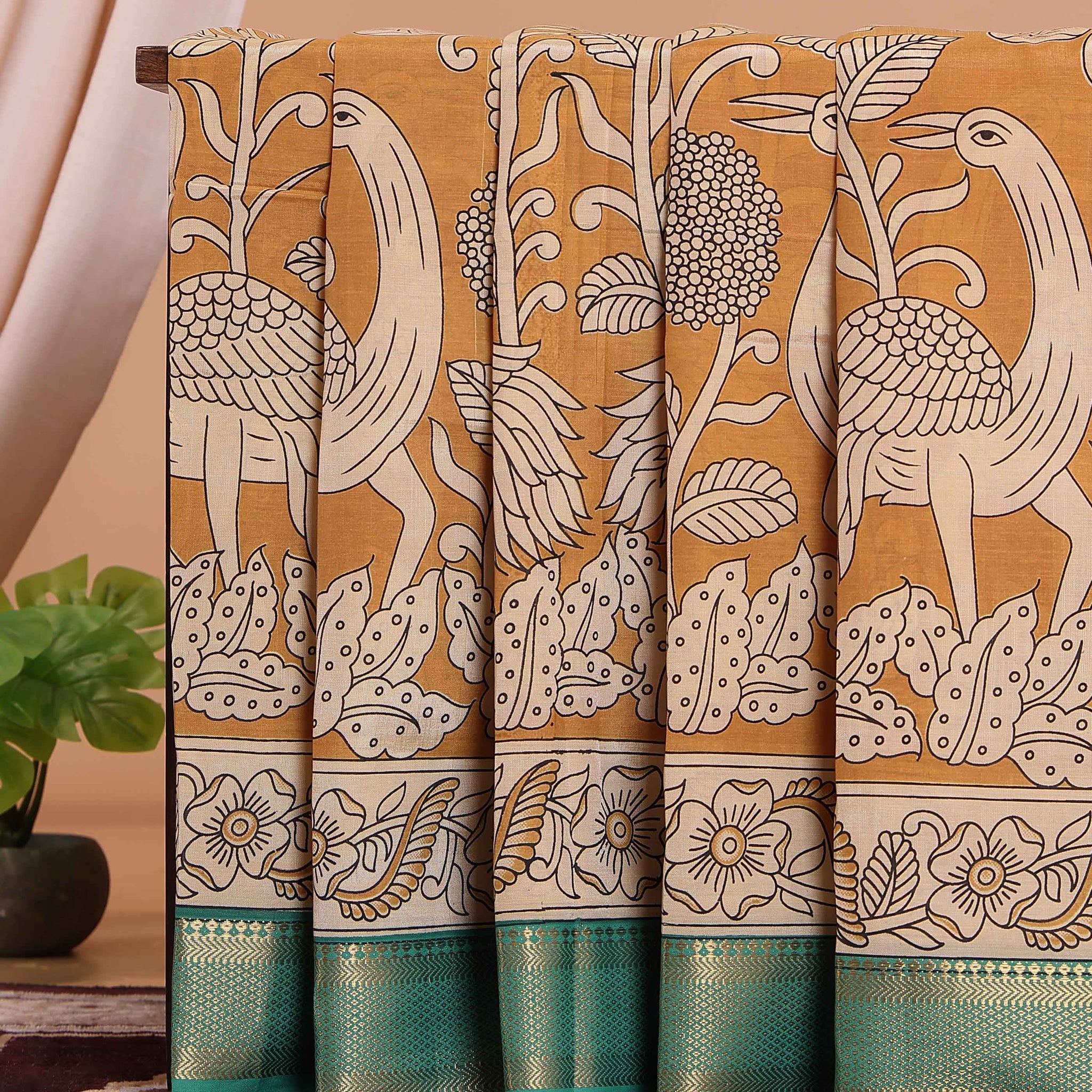 Traditional Mangalagiri Semi Chanderi Saree with Kalamkari Inspired Peacock and Floral Print - Mustard