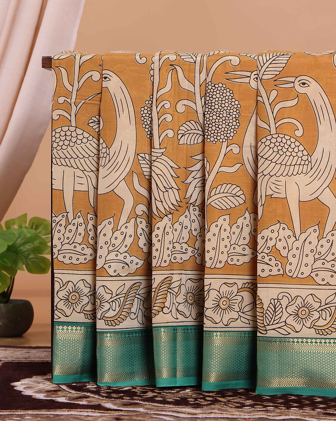 Traditional Mangalagiri Semi Chanderi Saree with Kalamkari Inspired Peacock and Floral Print - Mustard