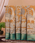 Traditional Mangalagiri Semi Chanderi Saree with Kalamkari Inspired Peacock and Floral Print - Mustard