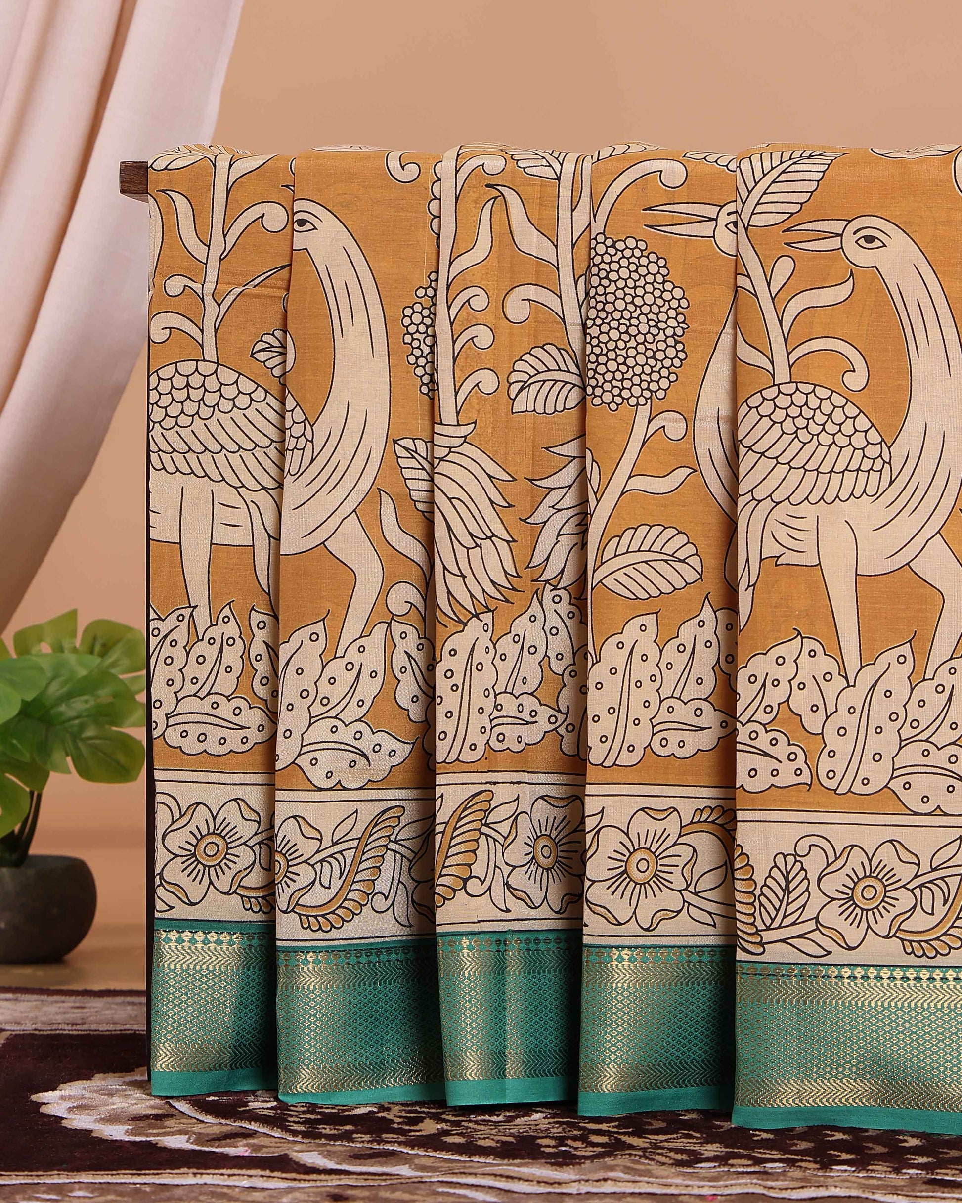 Traditional Mangalagiri Semi Chanderi Saree with Kalamkari Inspired Peacock and Floral Print - Mustard