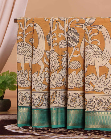 Traditional Mangalagiri Semi Chanderi Saree with Kalamkari Inspired Peacock and Floral Print - Mustard