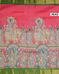 Traditional Mangalagiri Semi Chanderi Saree with Mythology-Inspired Kalamkari Motifs - Pink