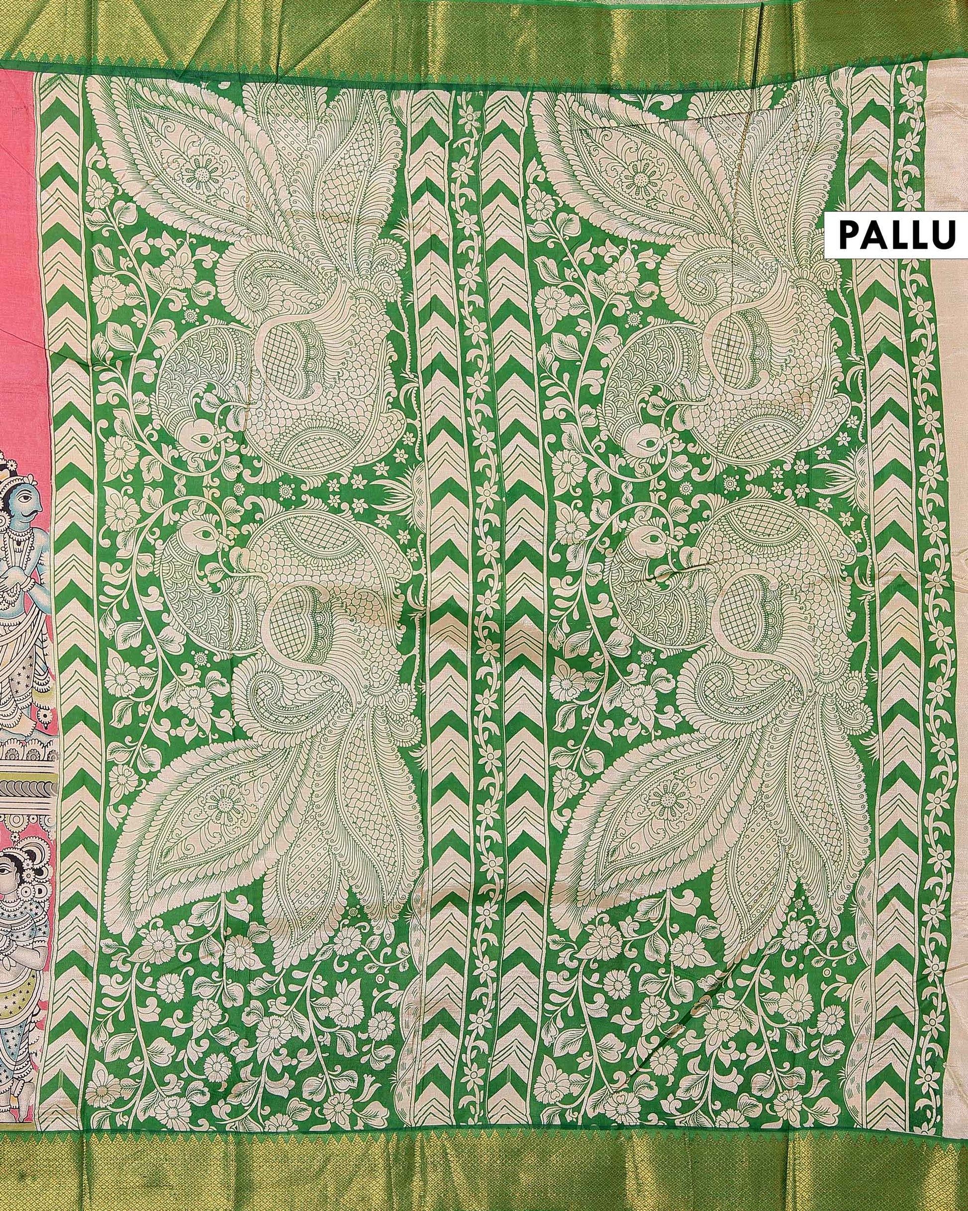 Traditional Mangalagiri Semi Chanderi Saree with Mythology-Inspired Kalamkari Motifs - Pink