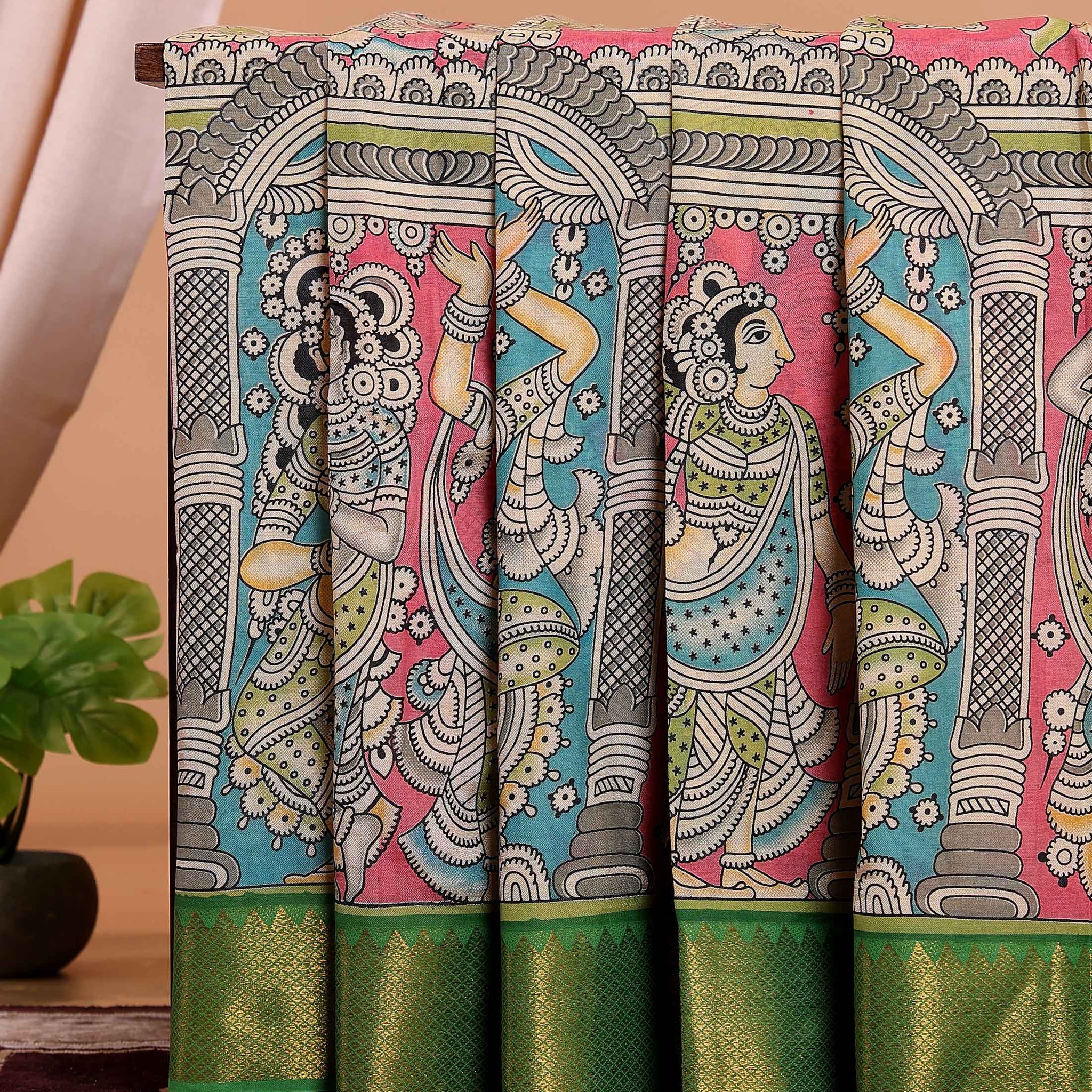 Traditional Mangalagiri Semi Chanderi Saree with Mythology-Inspired Kalamkari Motifs - Pink