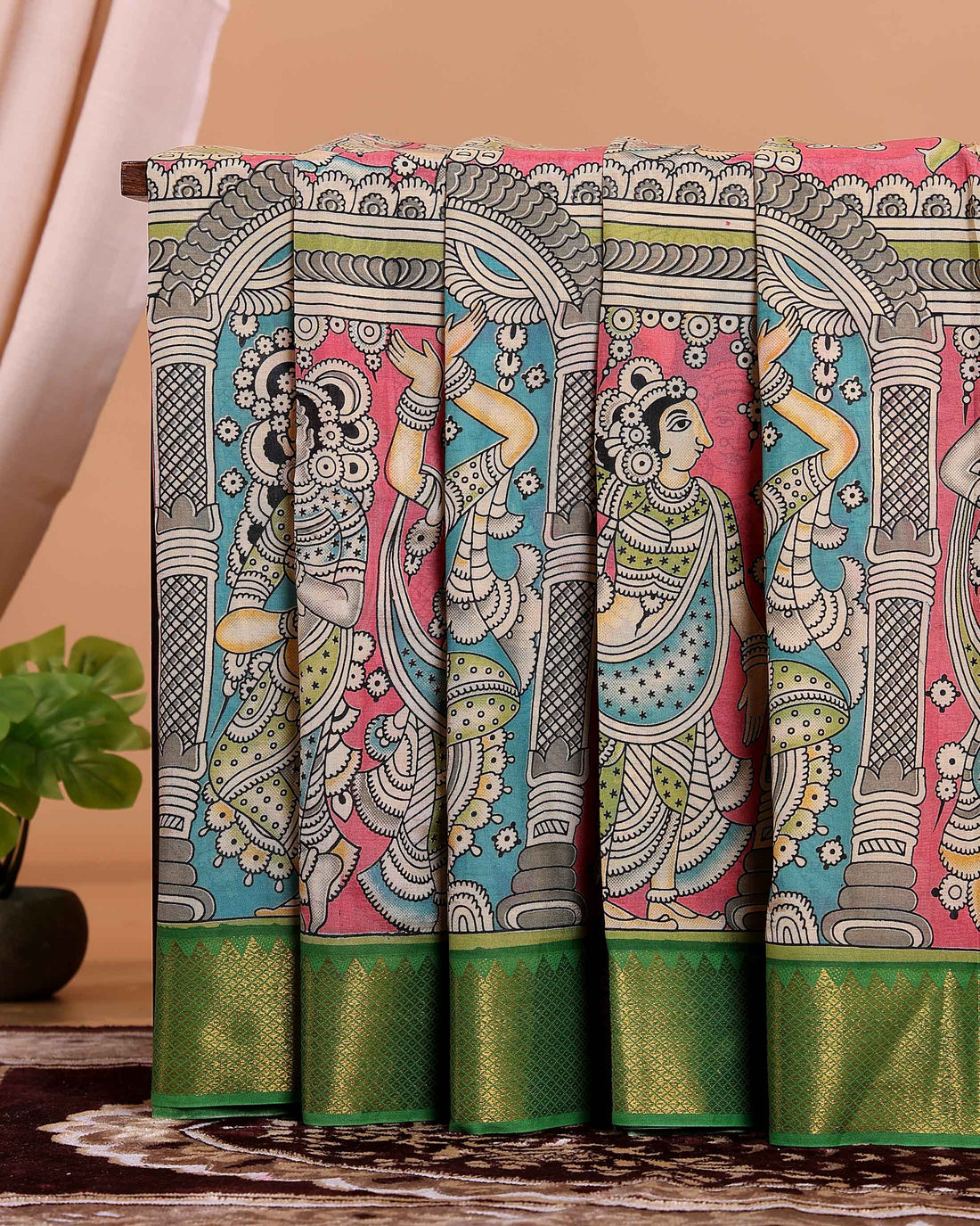 Traditional Mangalagiri Semi Chanderi Saree with Mythology-Inspired Kalamkari Motifs - Pink