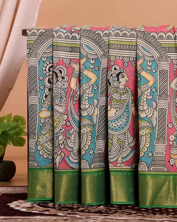 Traditional Mangalagiri Semi Chanderi Saree with Mythology-Inspired Kalamkari Motifs - Pink