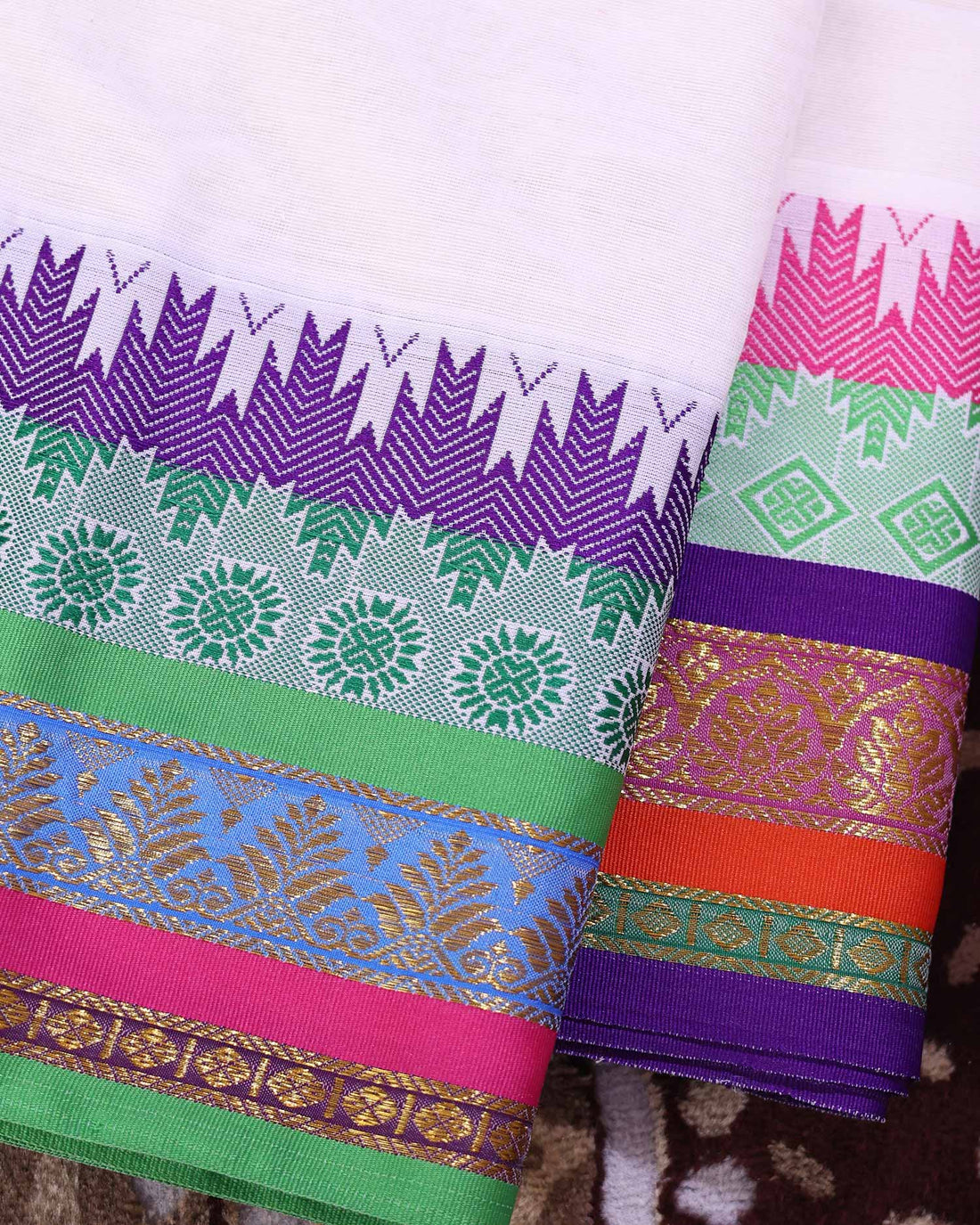 Traditional Men’s Cotton Dhoti 3.65 Meter with Elegant Woven Border and Temple Design– Off White