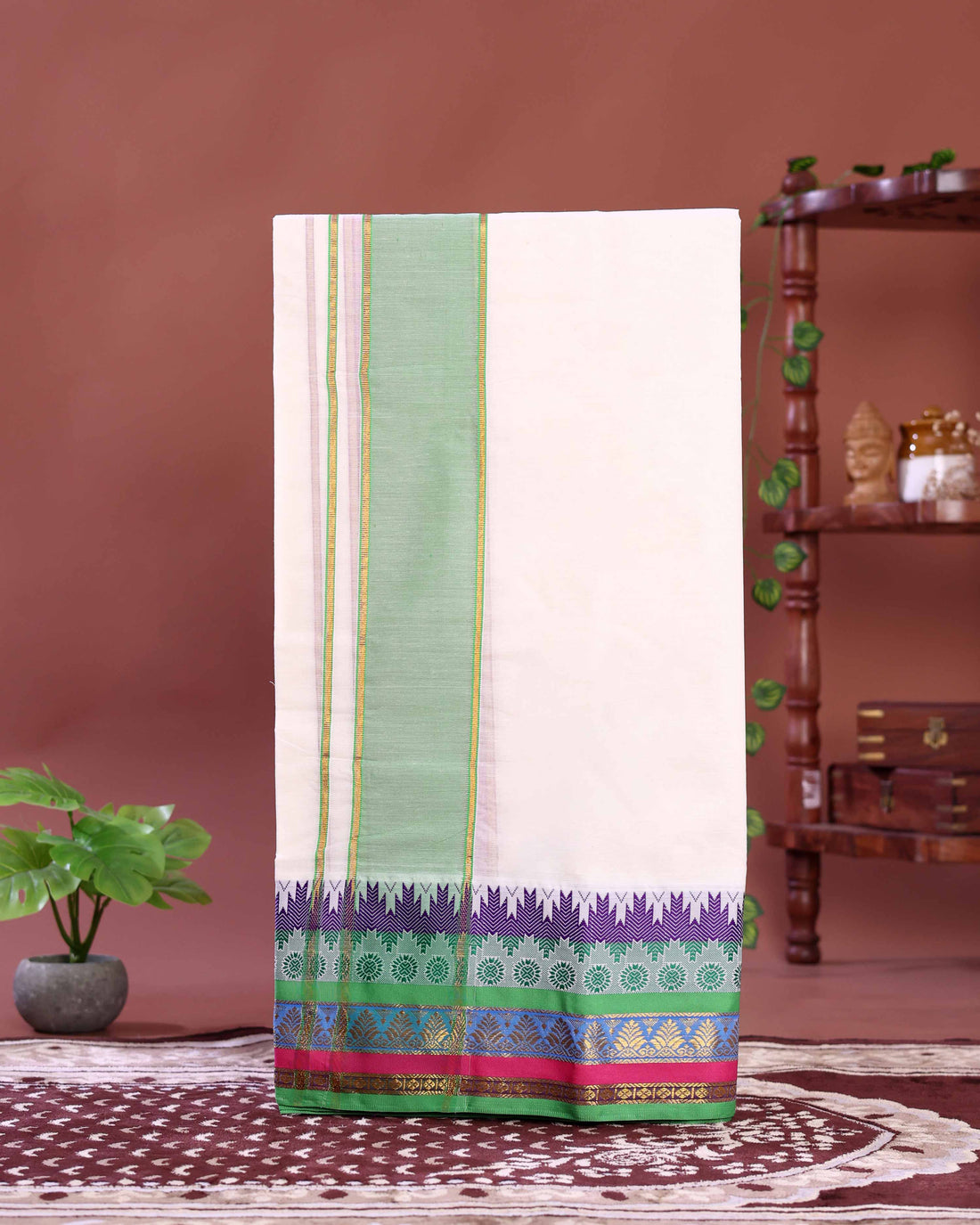 Traditional Men’s Cotton Dhoti 3.65 Meter with Elegant Woven Border and Temple Design– Off White
