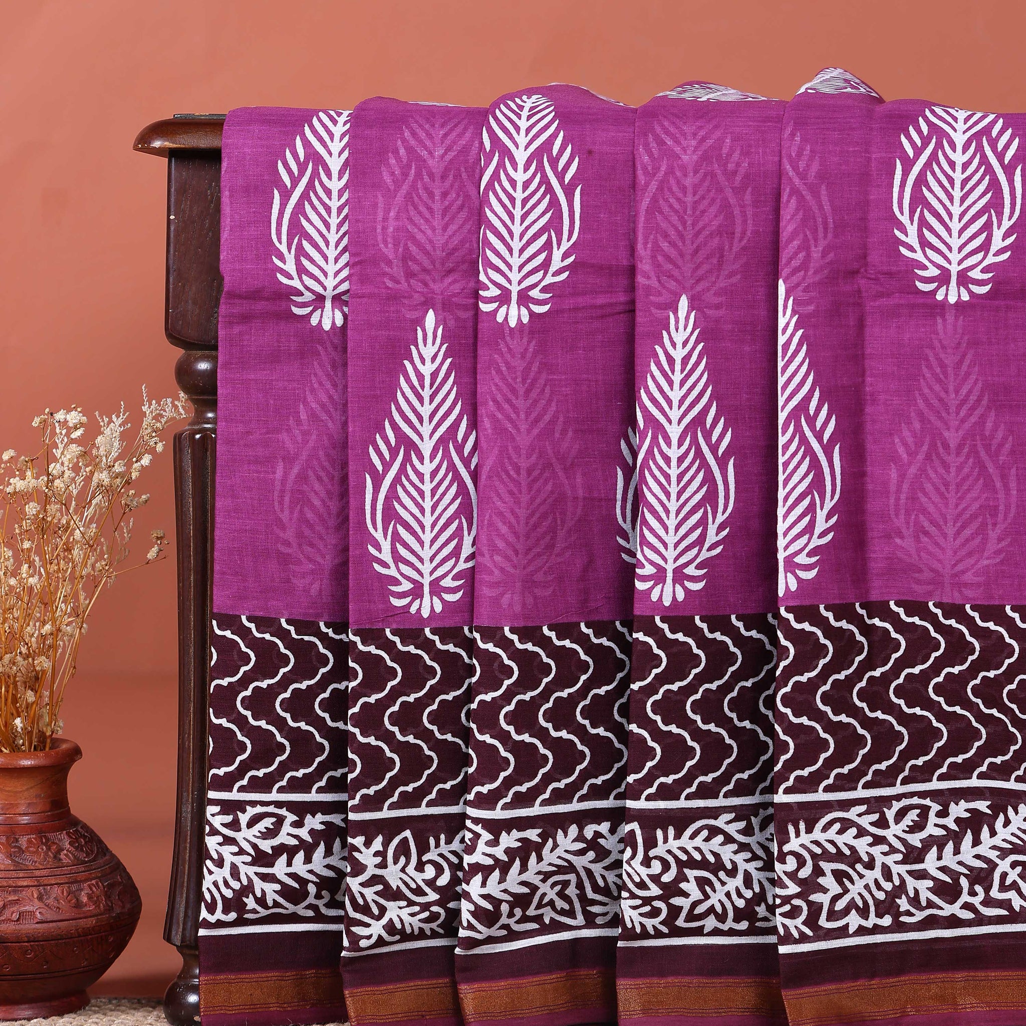 Traditional Mul Mul Cotton Saree with Hand Block Printed Leaf and Floral Motifs - Purple