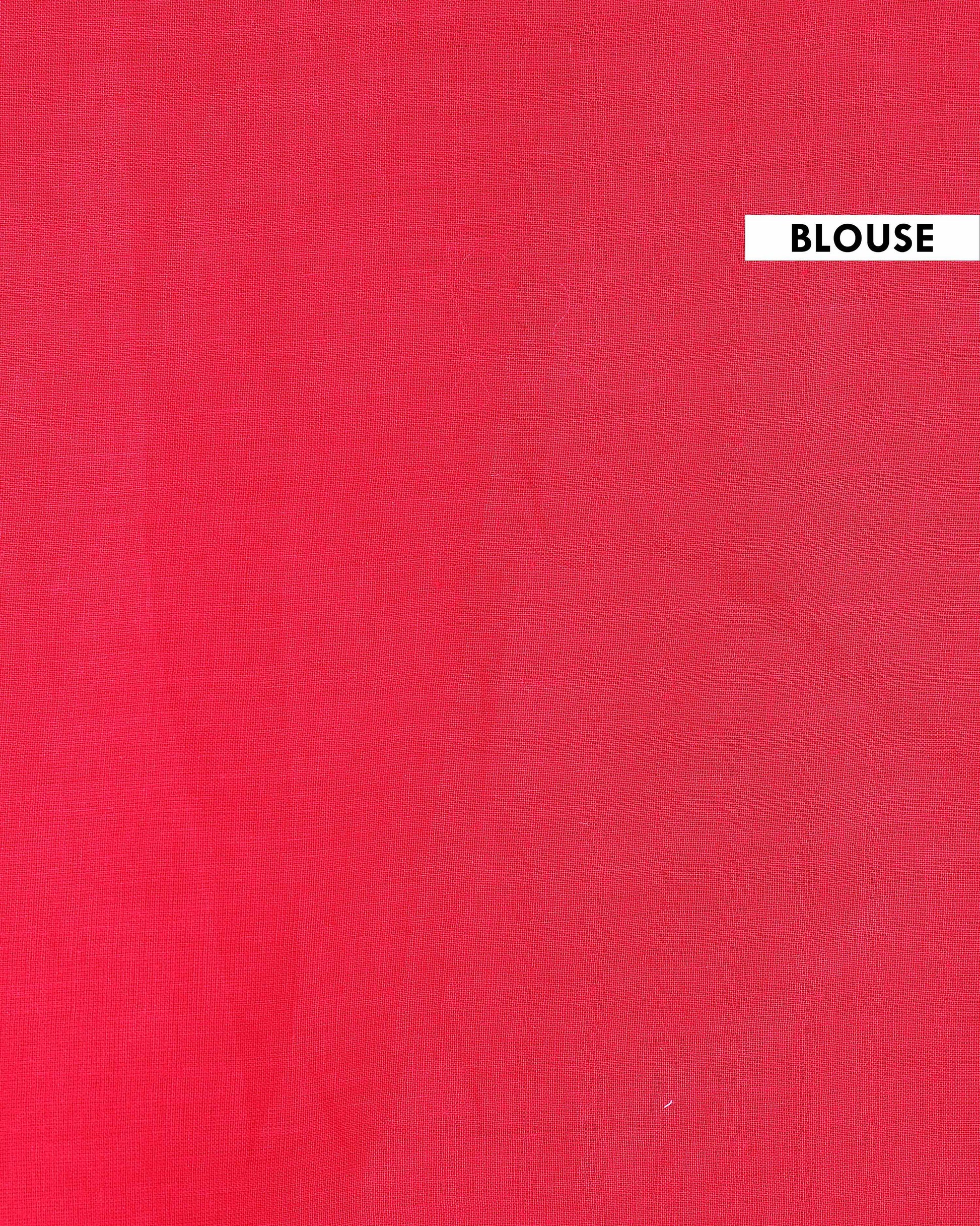 Traditional Mul Mul Cotton Saree with Hand Block Printed Motifs and Paisley Border - Red-Blouse