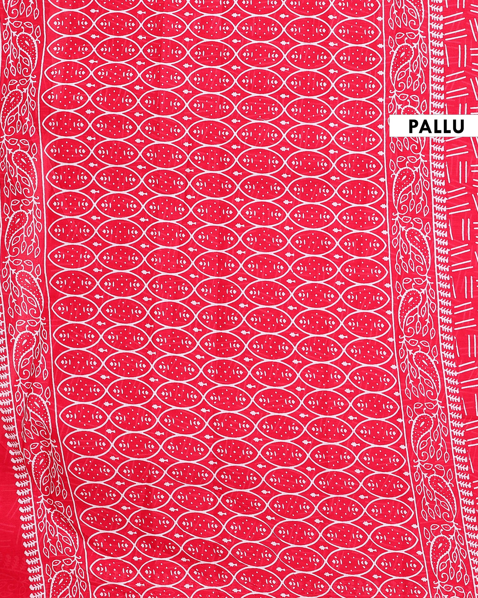 Traditional Mul Mul Cotton Saree with Hand Block Printed Motifs and Paisley Border - Red-Pallu
