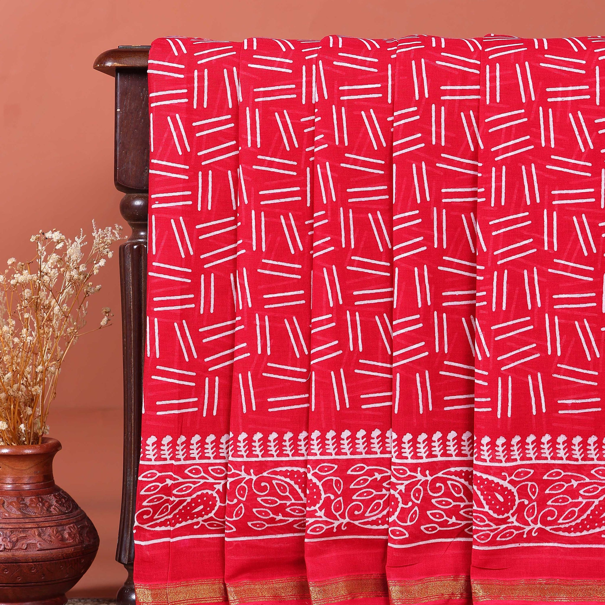 Traditional Mul Mul Cotton Saree with Hand Block Printed Motifs and Paisley Border - Red