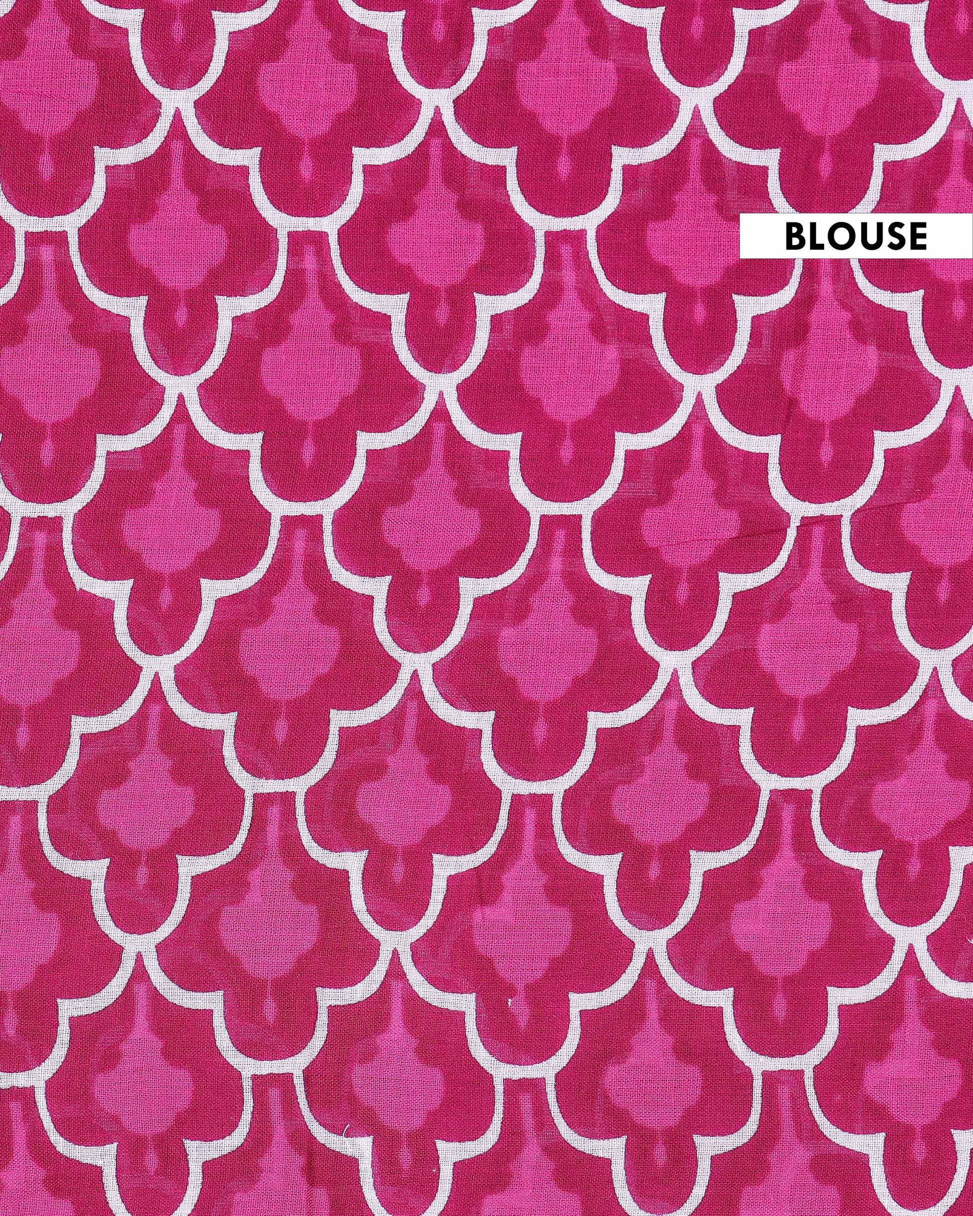 Traditional Mul Mul Cotton Saree with Intricate Border and Hand Block Print - Dark Pink-Blouse