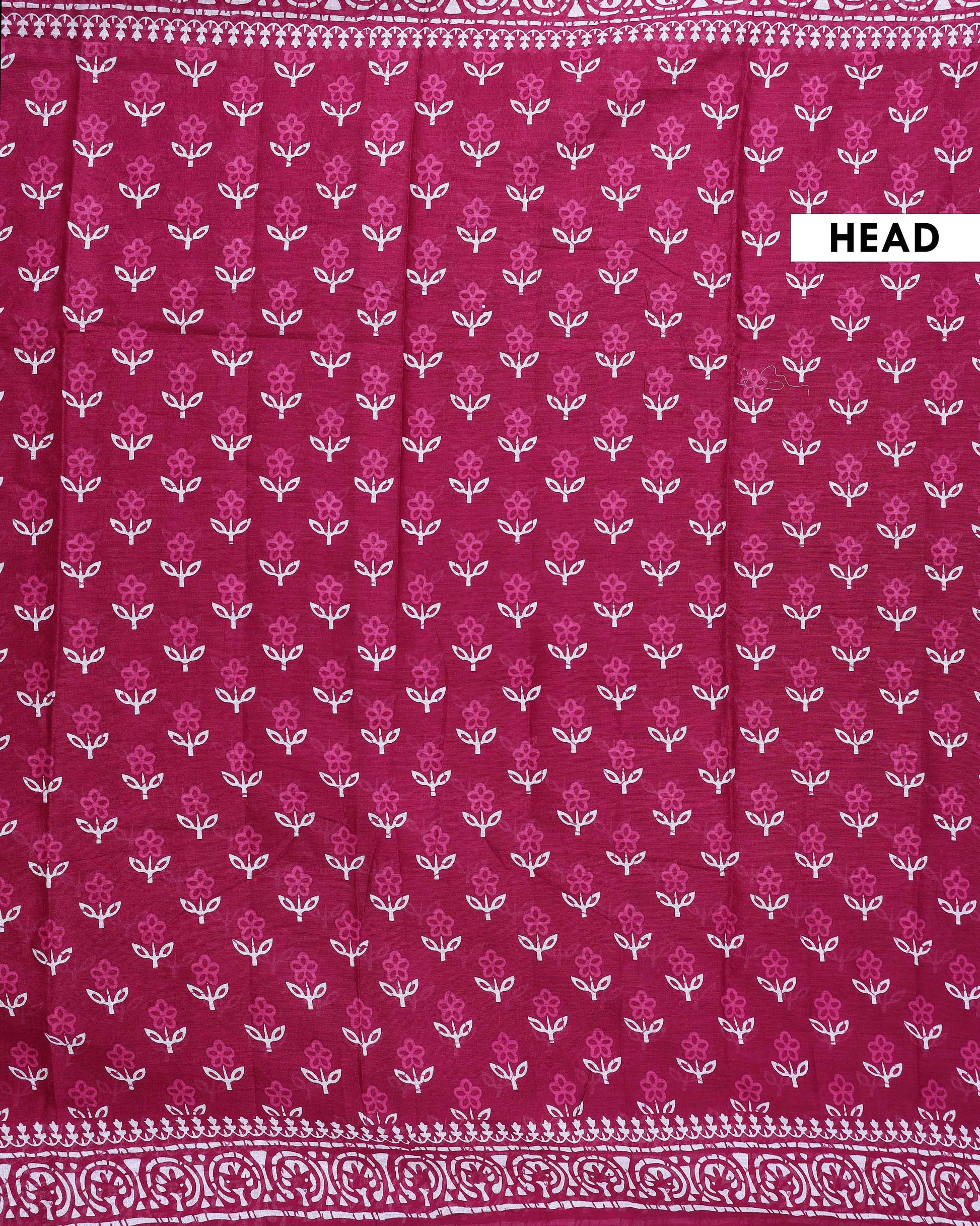 Traditional Mul Mul Cotton Saree with Intricate Border and Hand Block Print - Dark Pink-Head