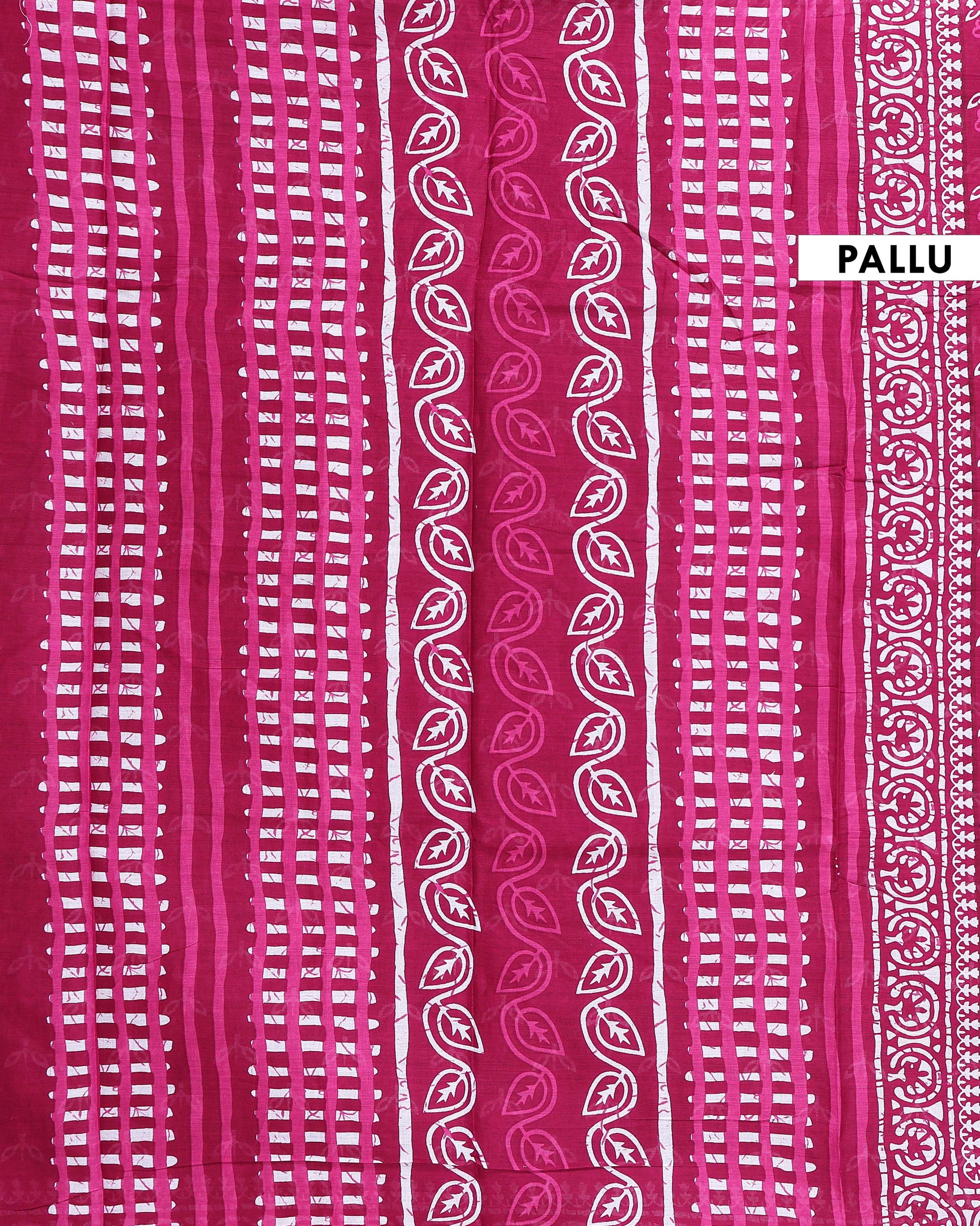 Traditional Mul Mul Cotton Saree with Intricate Border and Hand Block Print - Dark Pink-Pallu