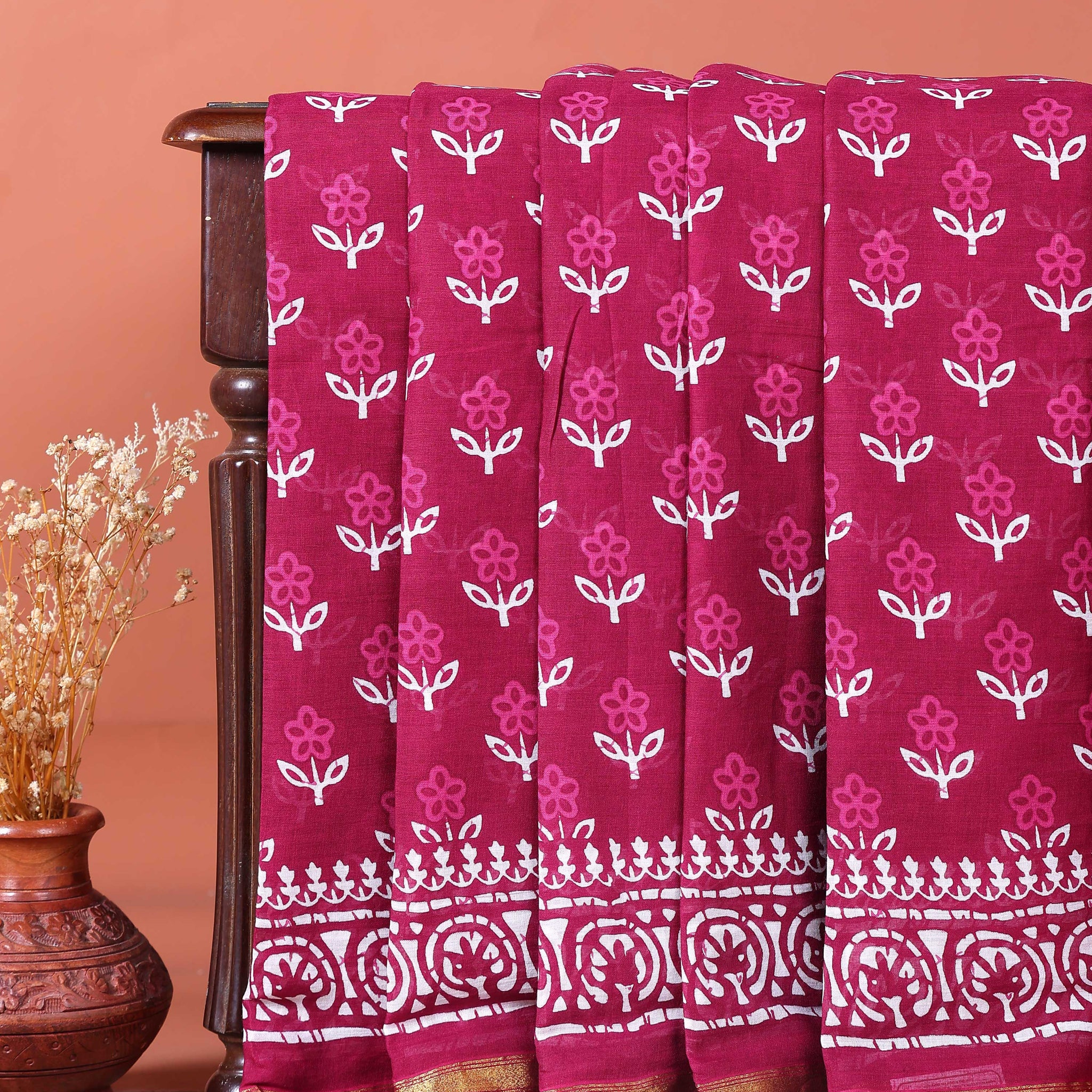 Traditional Mul Mul Cotton Saree with Intricate Border and Hand Block Print - Dark Pink