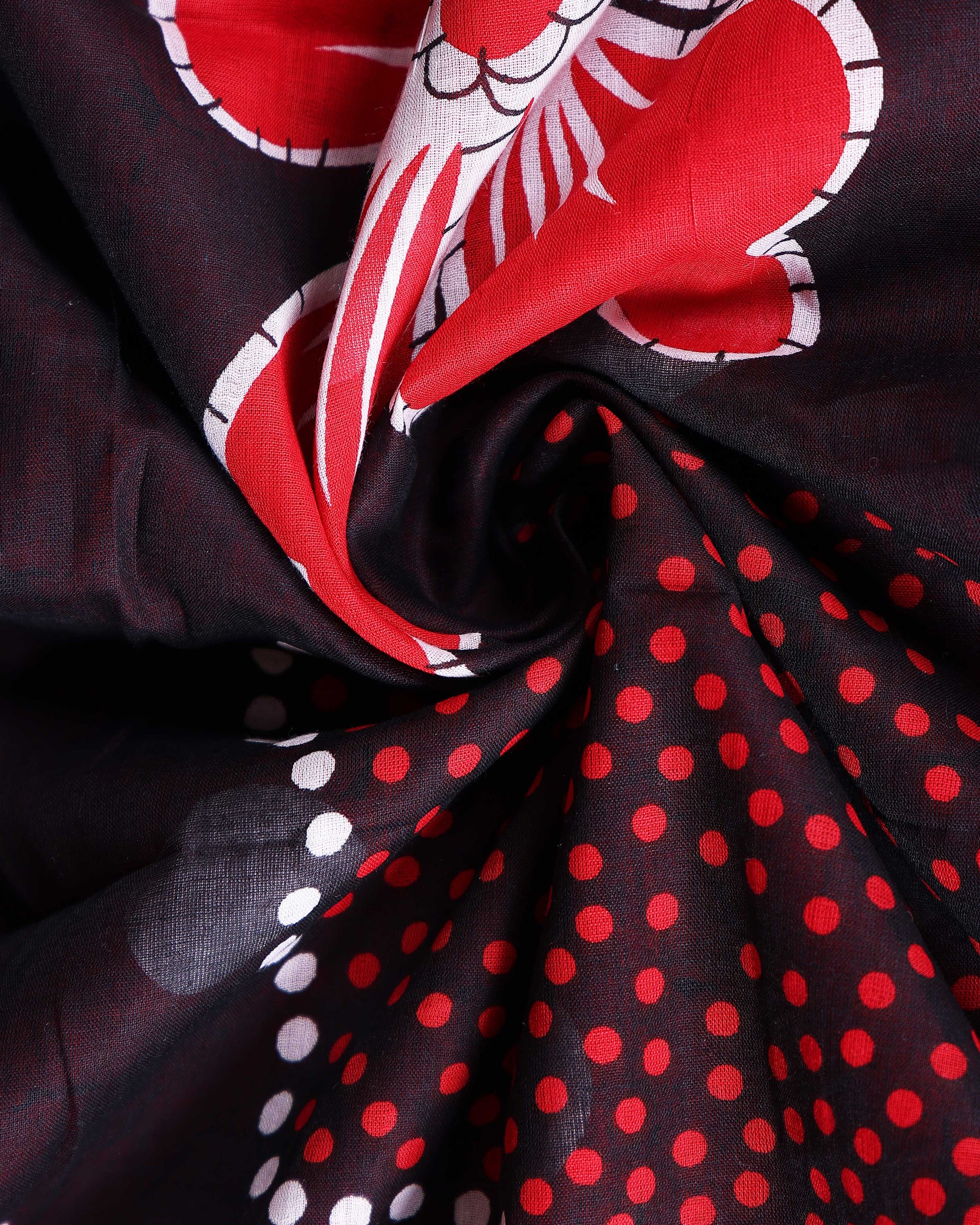 Traditional Mul Mul Cotton Saree with Stylized Floral and Dotted Print - Black & Red-Close