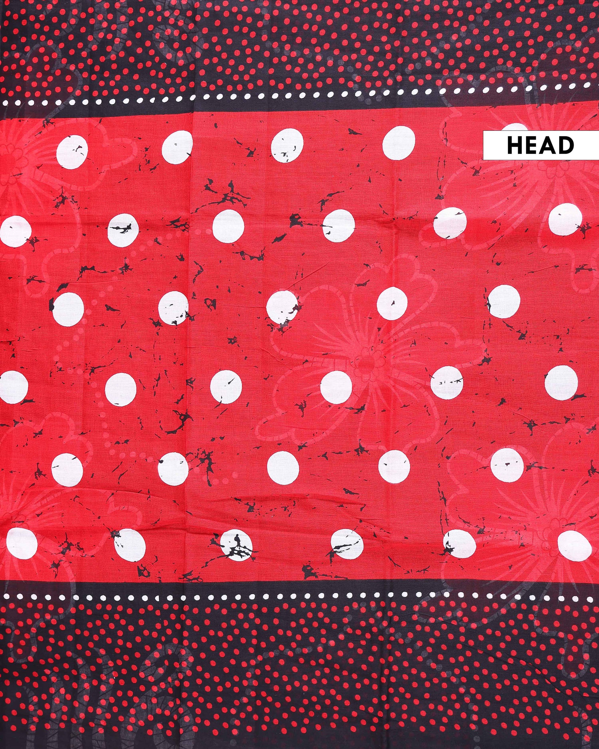 Traditional Mul Mul Cotton Saree with Stylized Floral and Dotted Print - Black & Red-Head