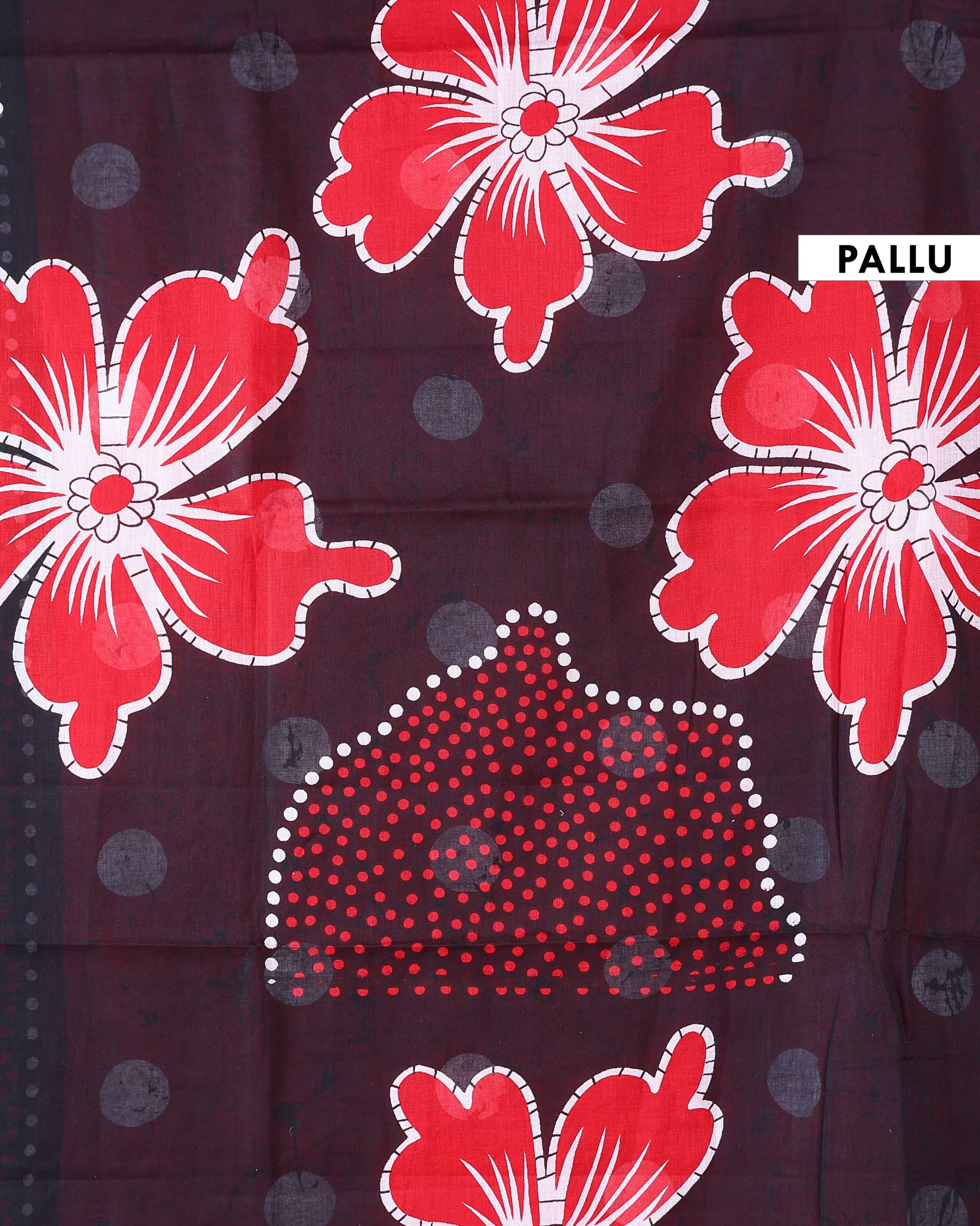Traditional Mul Mul Cotton Saree with Stylized Floral and Dotted Print - Black & Red-Pallu