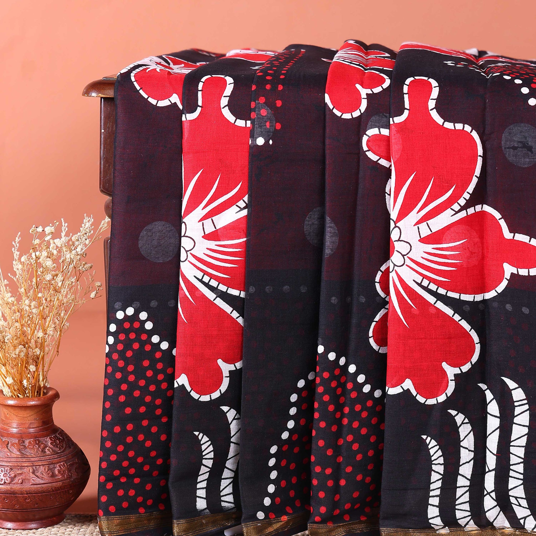 Traditional Mul Mul Cotton Saree with Stylized Floral and Dotted Print - Black & Red
