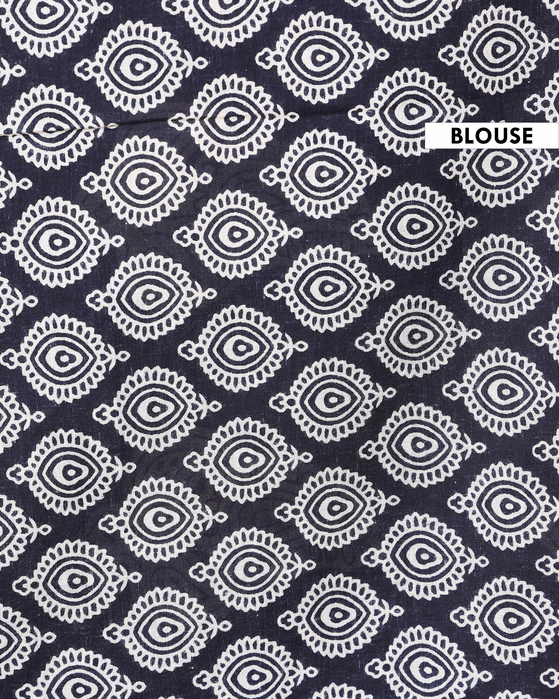 Traditional Mulmul Cotton Saree with Block Print Paisley Motifs and Contrasting Border - Black-Blouse