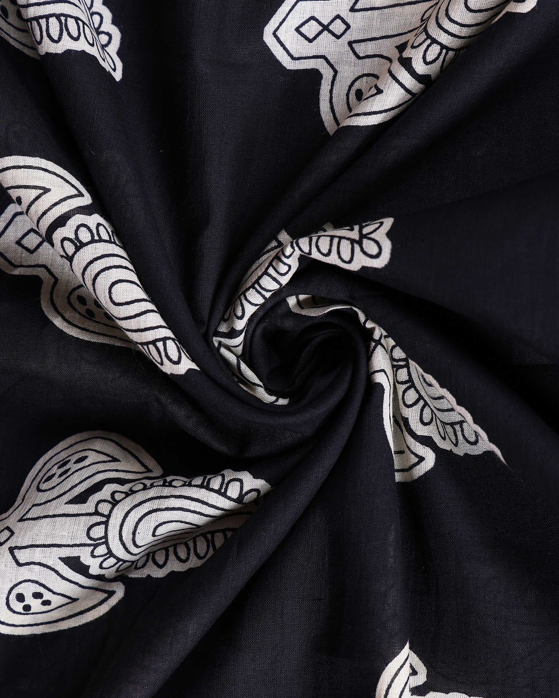 Traditional Mulmul Cotton Saree with Block Print Paisley Motifs and Contrasting Border - Black-Close