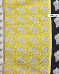 Traditional Mulmul Cotton Saree with Block Print Paisley Motifs and Contrasting Border - Black-Pallu