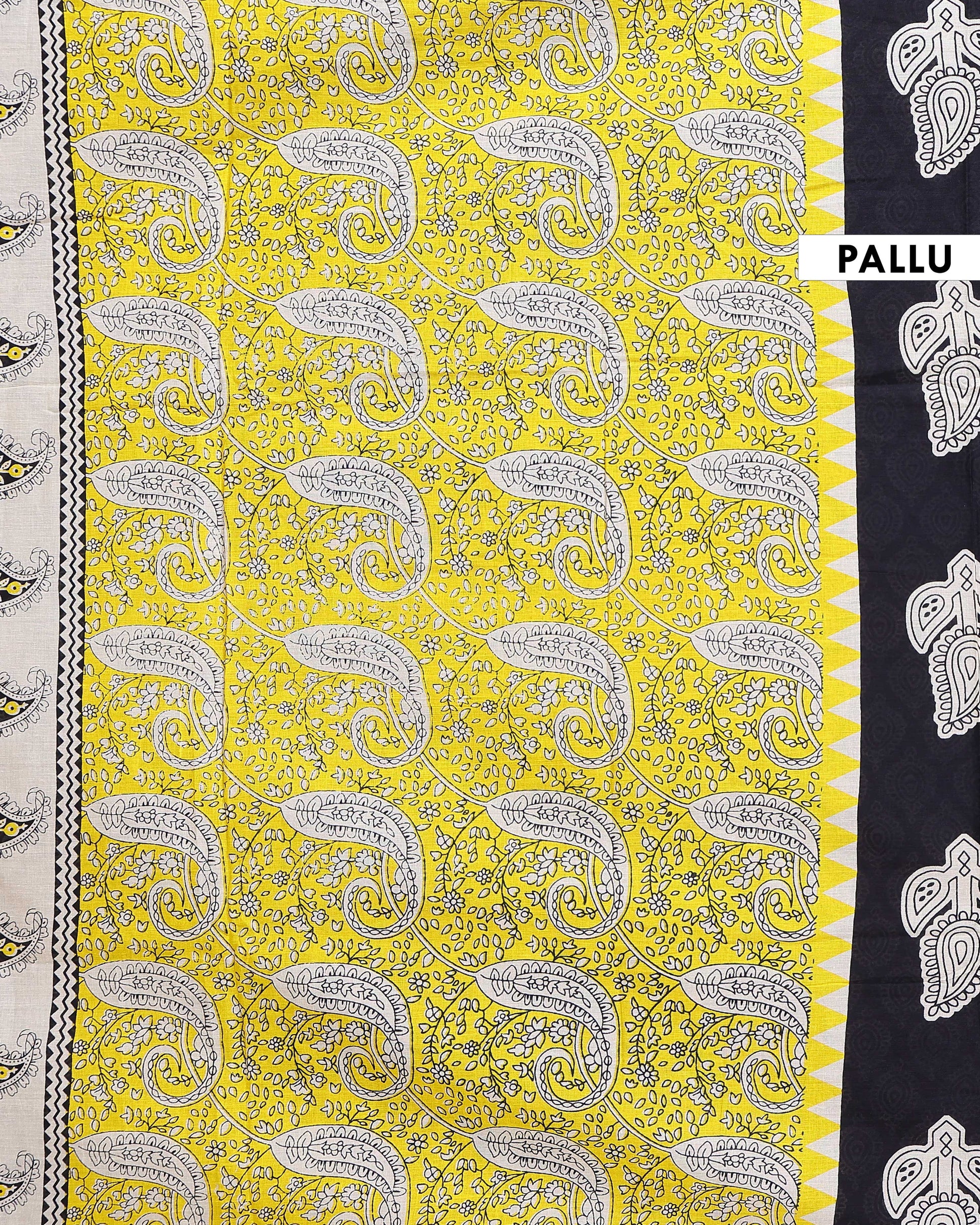 Traditional Mulmul Cotton Saree with Block Print Paisley Motifs and Contrasting Border - Black-Pallu