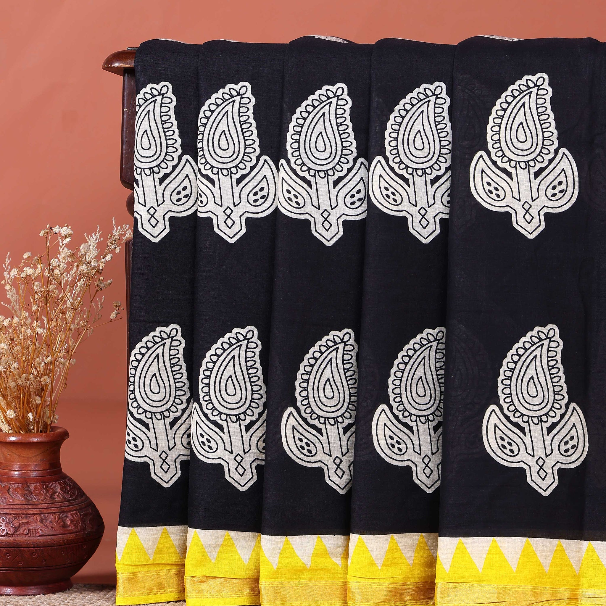 Traditional Mulmul Cotton Saree with Block Print Paisley Motifs and Contrasting Border - Black