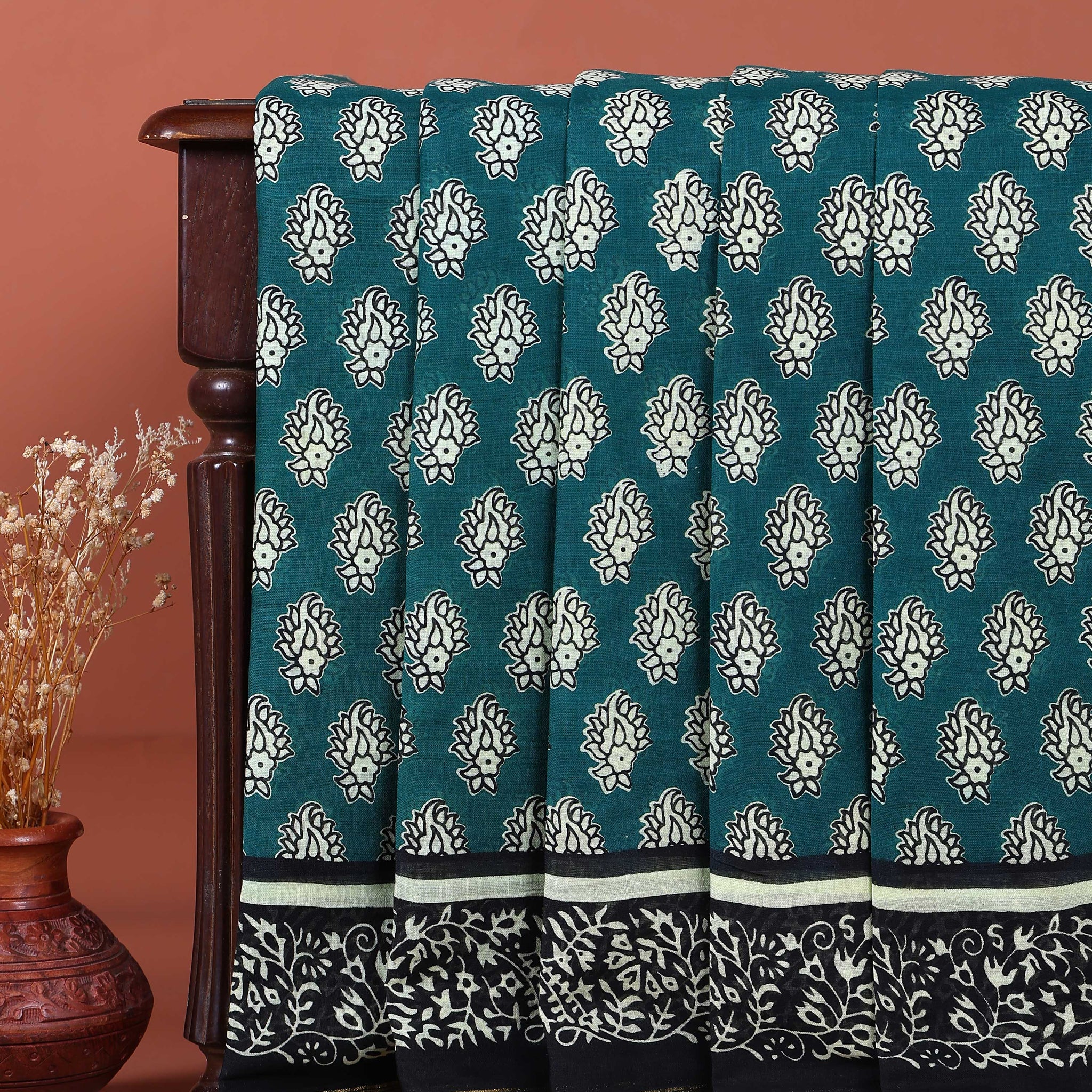 Traditional Mulmul Cotton Saree with Intricate Block Print Border - Green