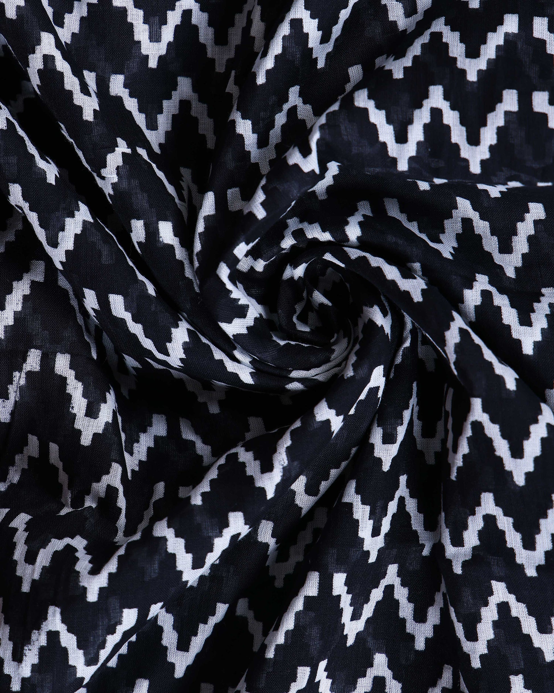 Traditional Mulmul Cotton Saree with Traditional Tribal Art Border and Chevron Print Body - Black-Close