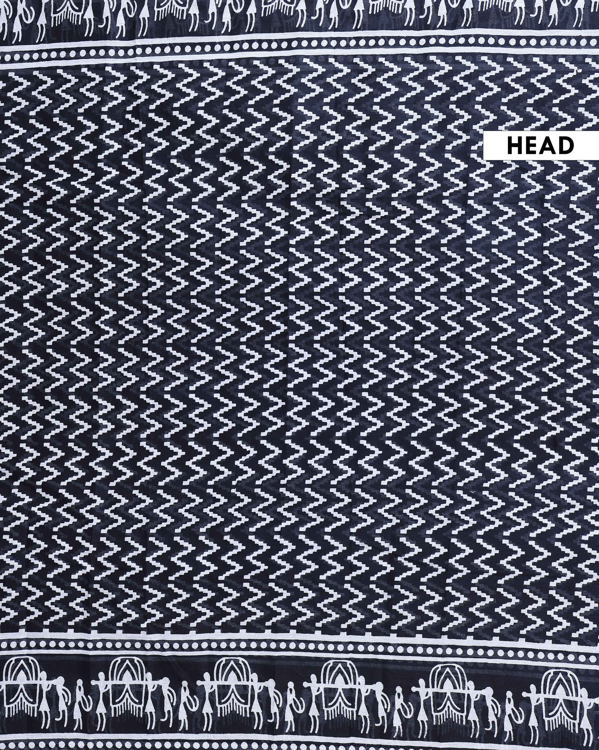 Traditional Mulmul Cotton Saree with Traditional Tribal Art Border and Chevron Print Body - Black-Head
