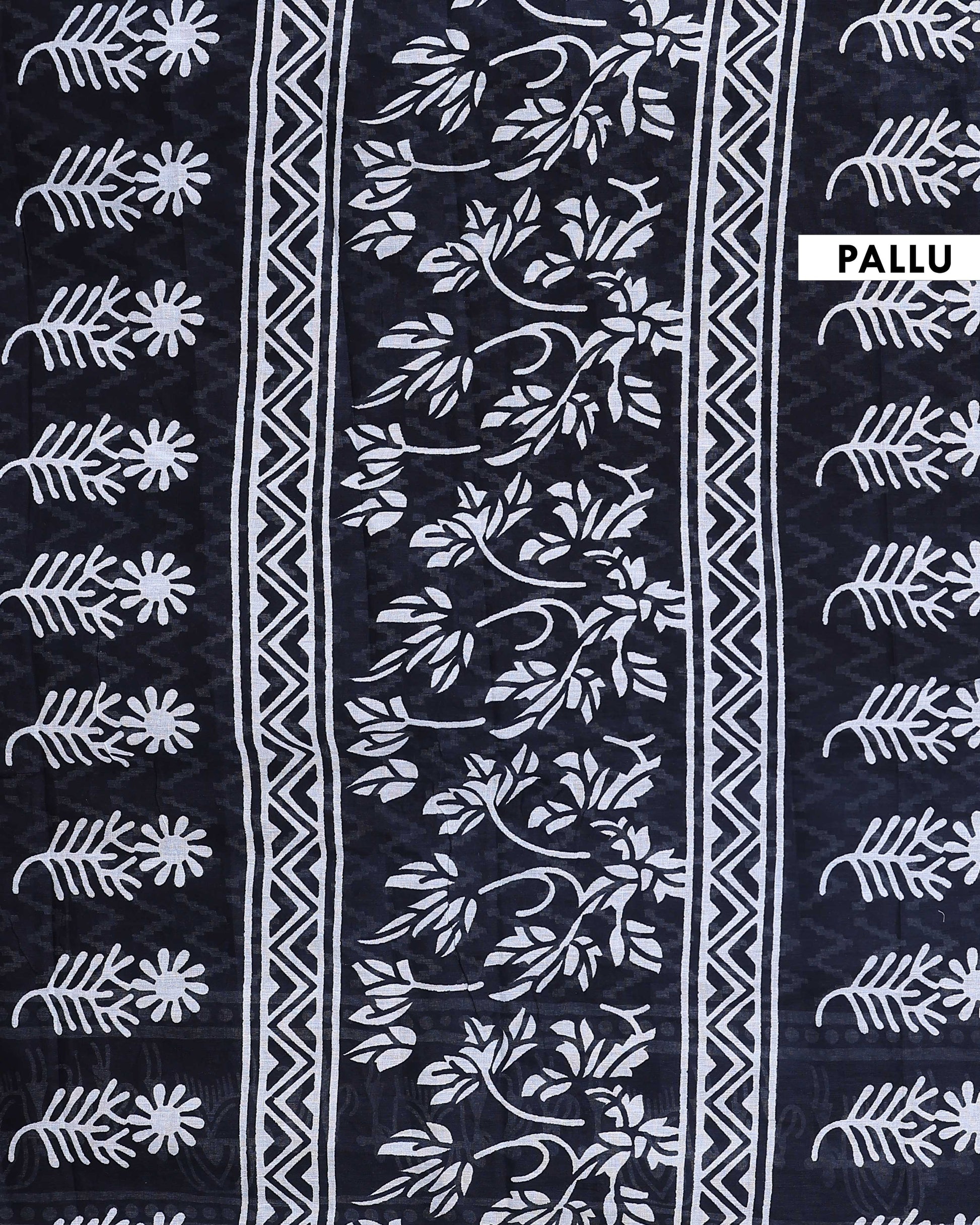 Traditional Mulmul Cotton Saree with Traditional Tribal Art Border and Chevron Print Body - Black-Pallu