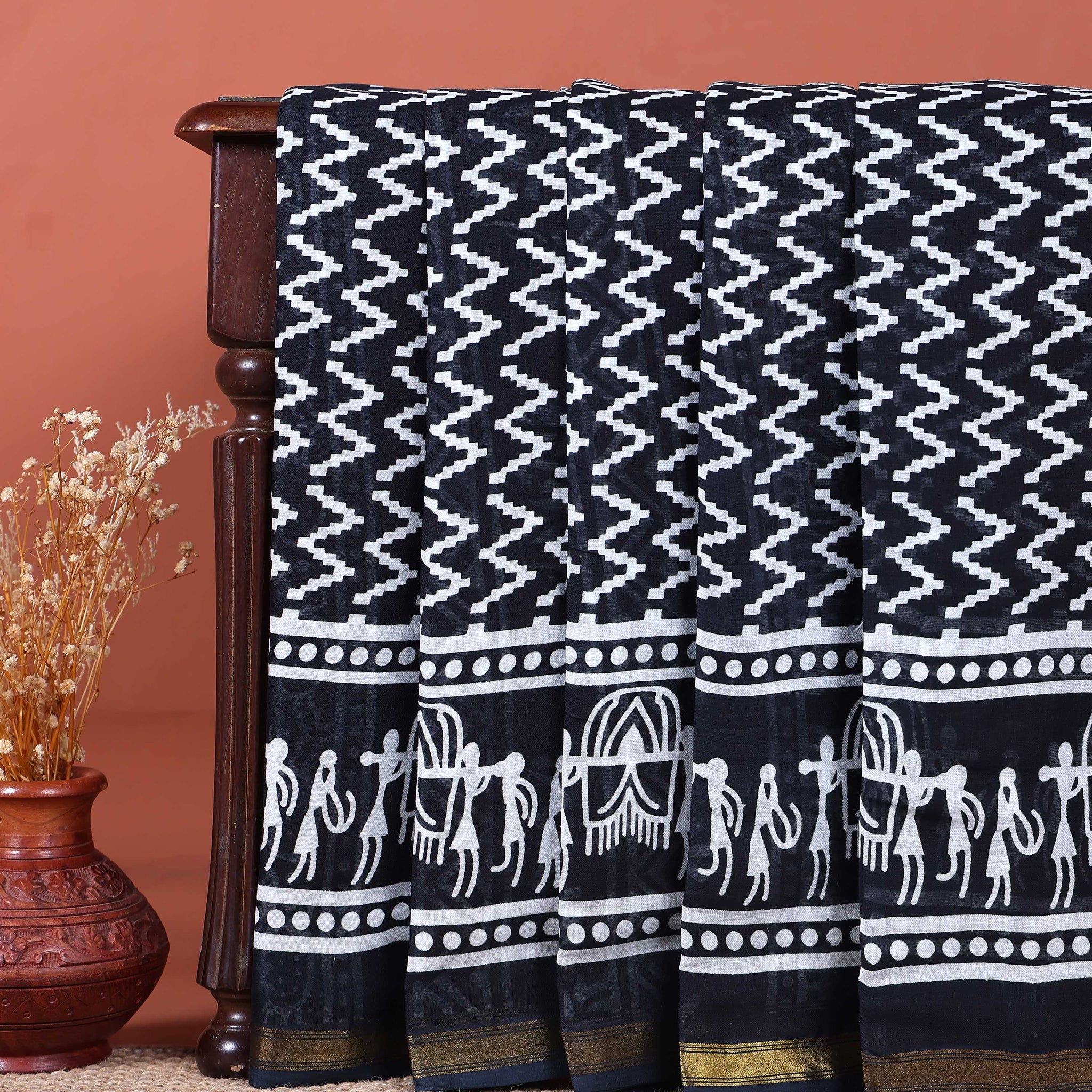Traditional Mulmul Cotton Saree with Traditional Tribal Art Border and Chevron Print Body - Black