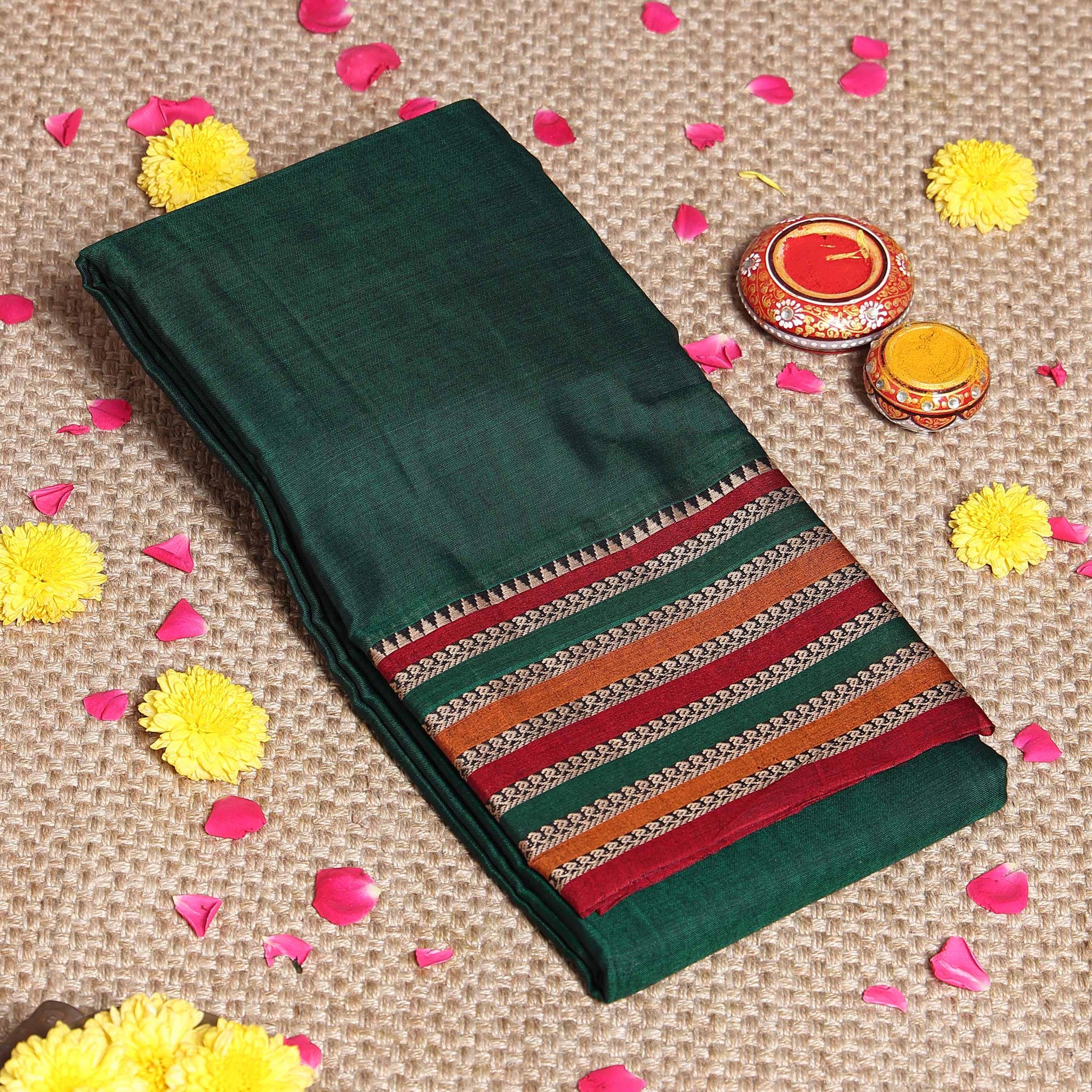 Traditional Narayanpet Cotton Saree Classic Temple Border and Striped Pallu - Green
